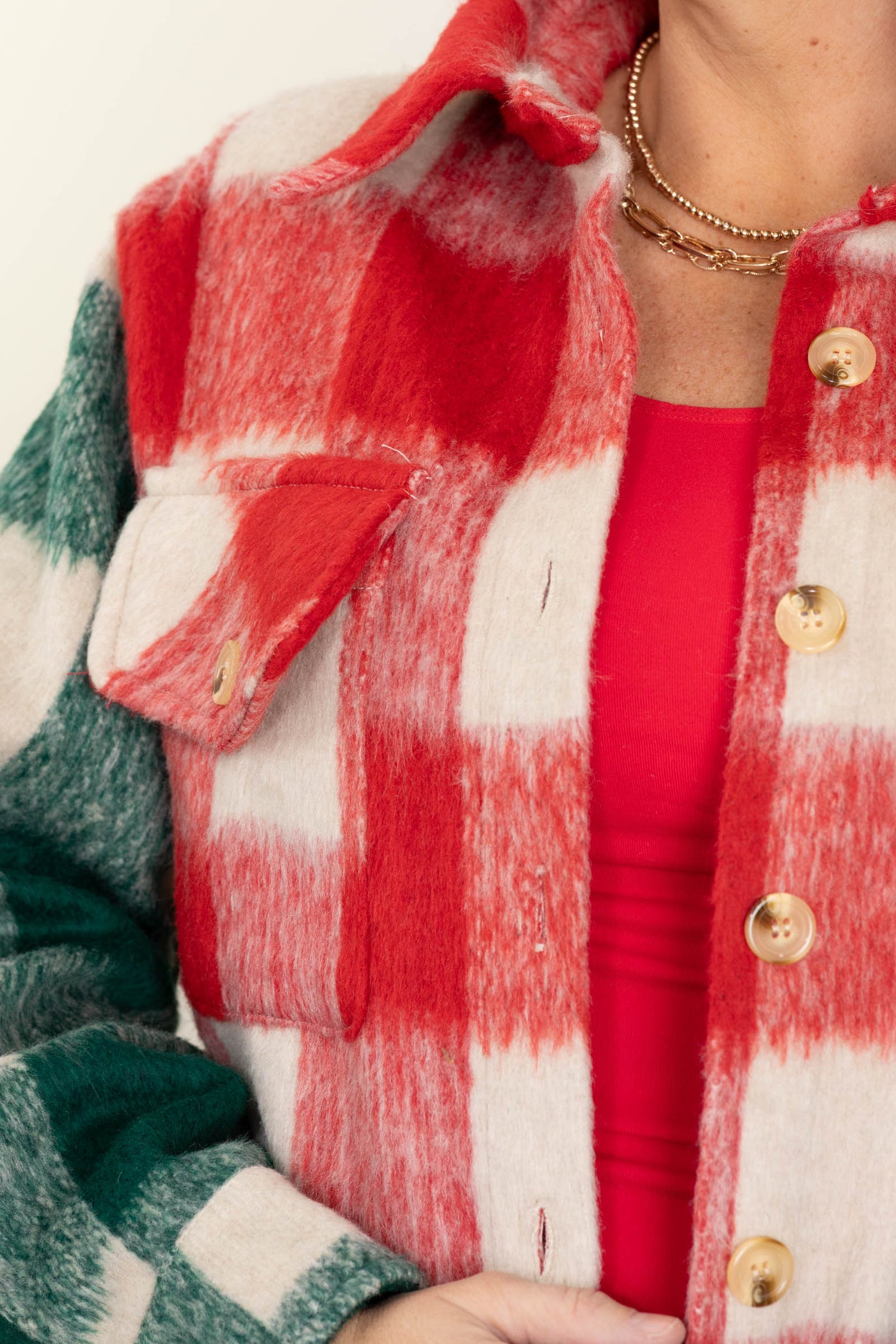 Red Multi Plaid Chest Pocket Shacket