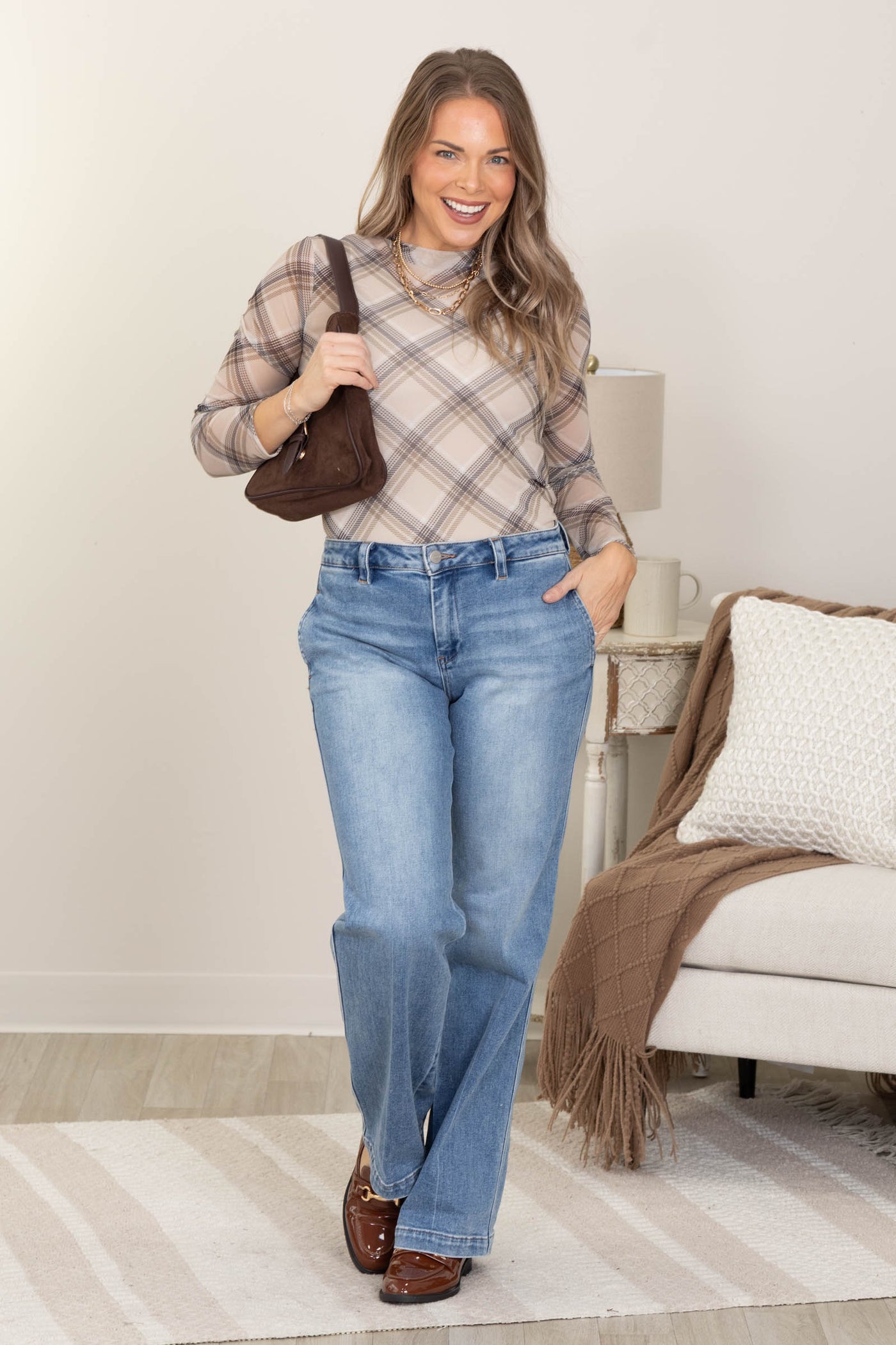 Mocha Plaid Mesh Knit Top