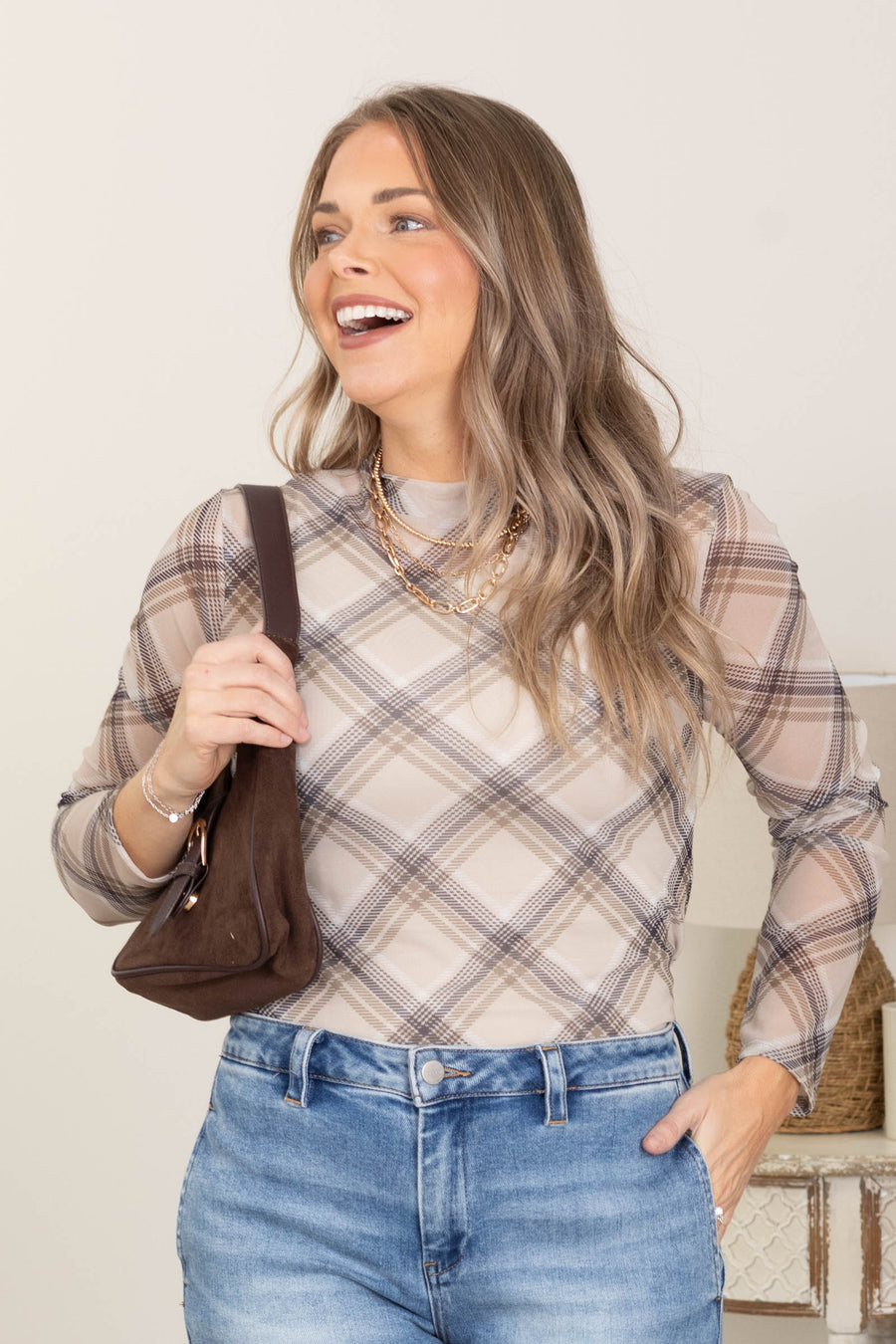 Mocha Plaid Mesh Knit Top