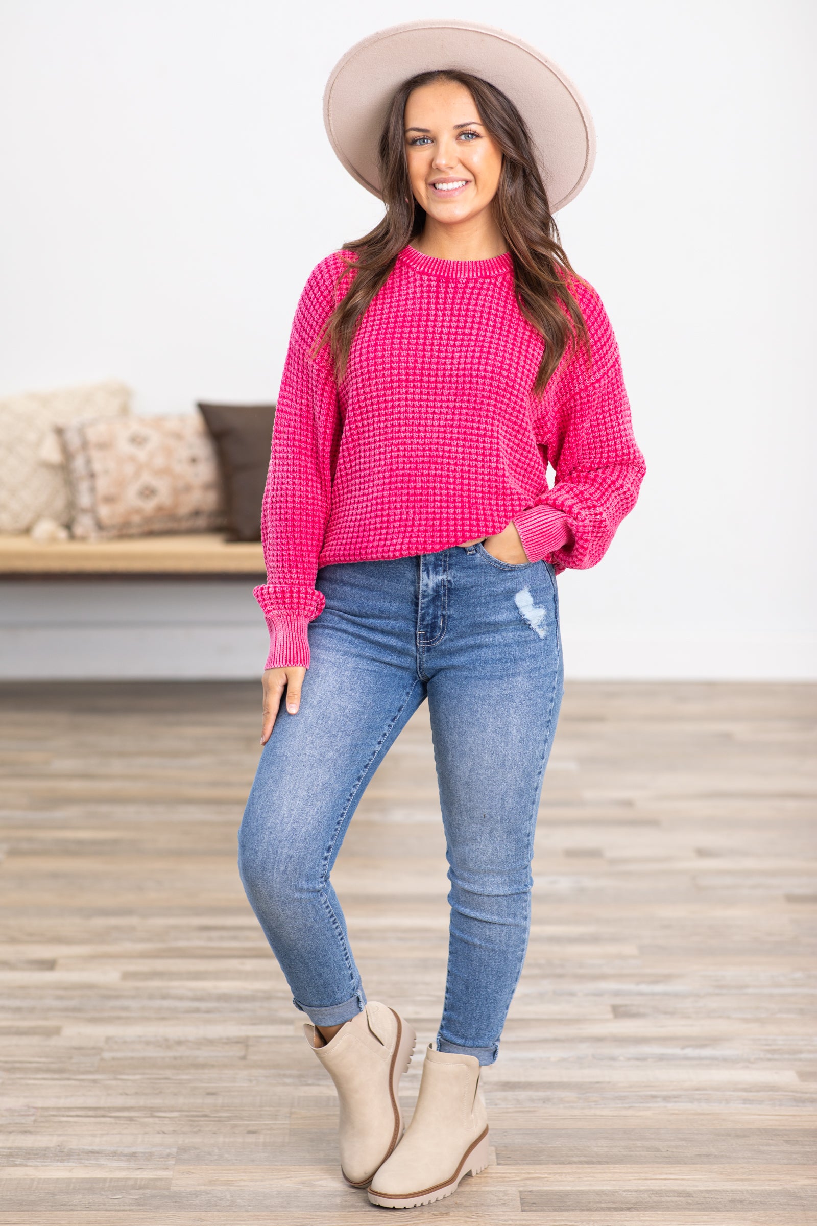 Hot Pink Mineral Wash Waffle Knit Sweater
