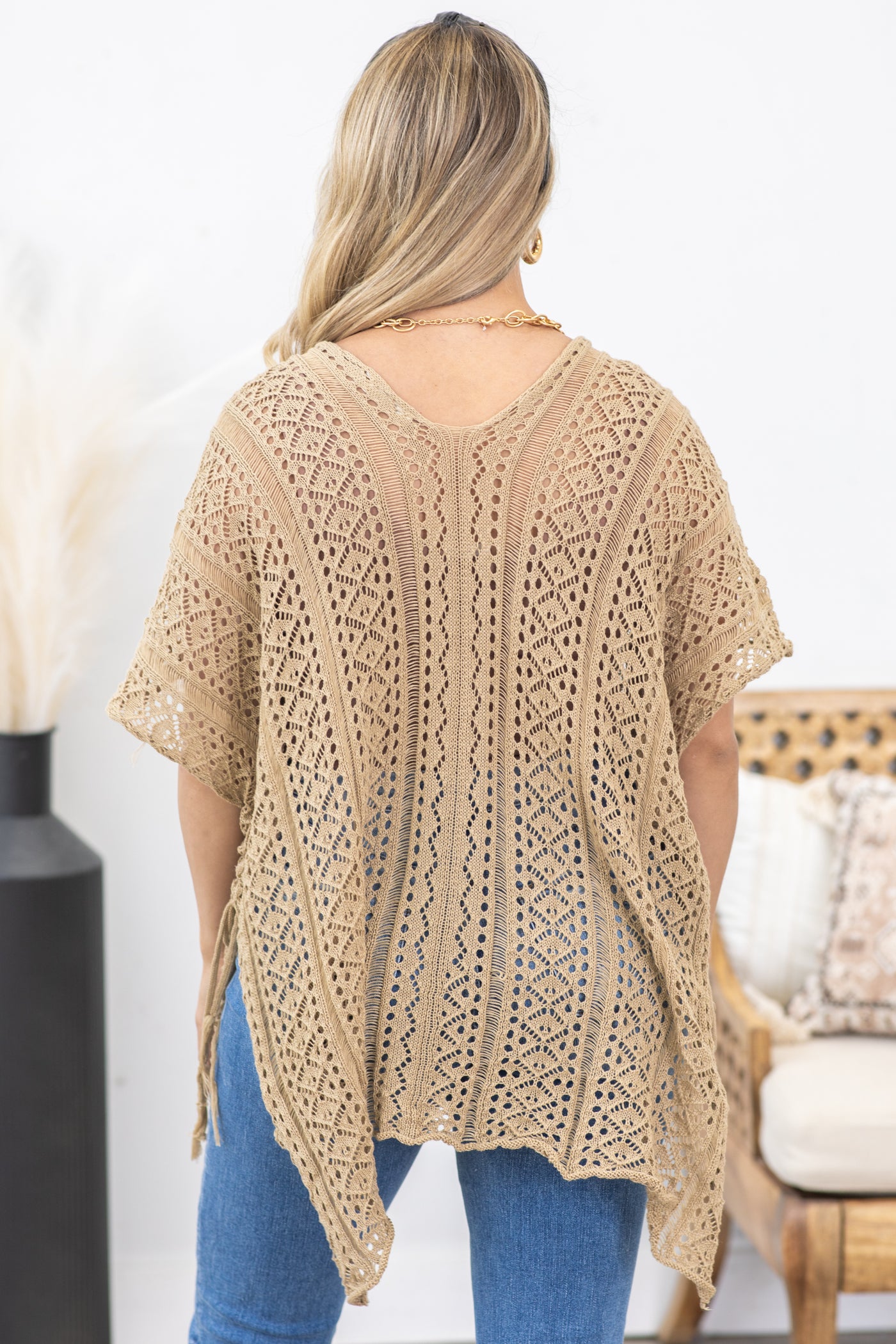 Dark Tan Drawstring Detail Crochet Pullover · Filly Flair