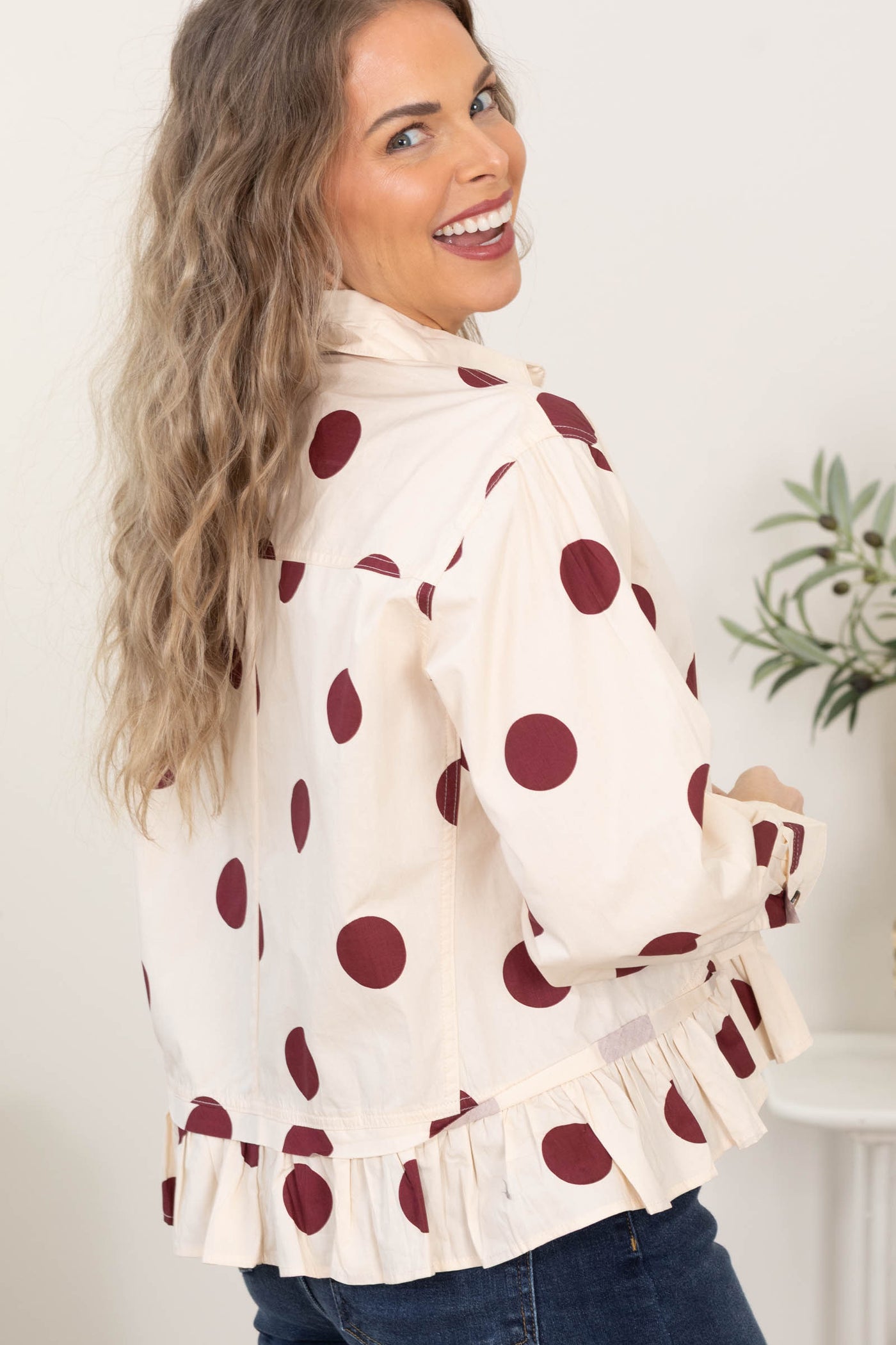 Cream and Burgundy Polka Dot Ruffle Hem Top