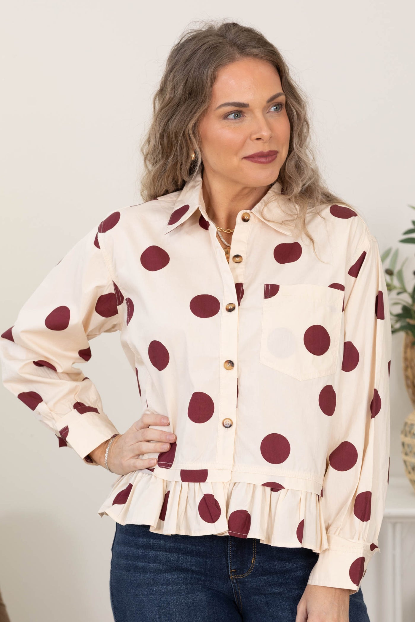 Cream and Burgundy Polka Dot Ruffle Hem Top