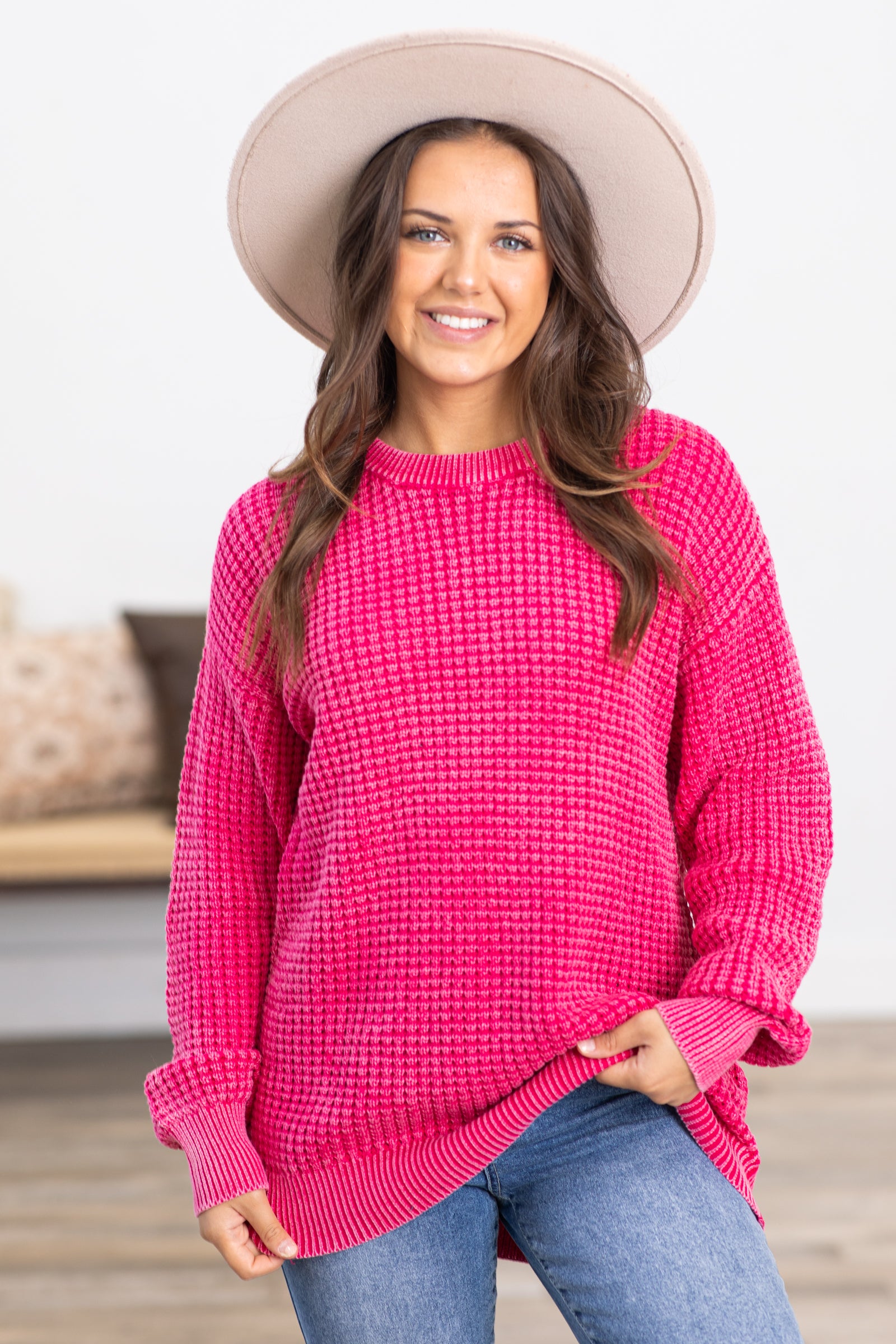 Hot Pink Mineral Wash Waffle Knit Sweater