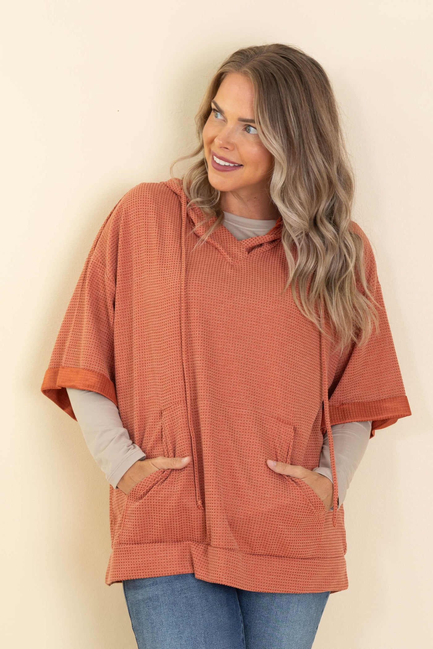 Oversized Waffle Knit Hoodie Tops