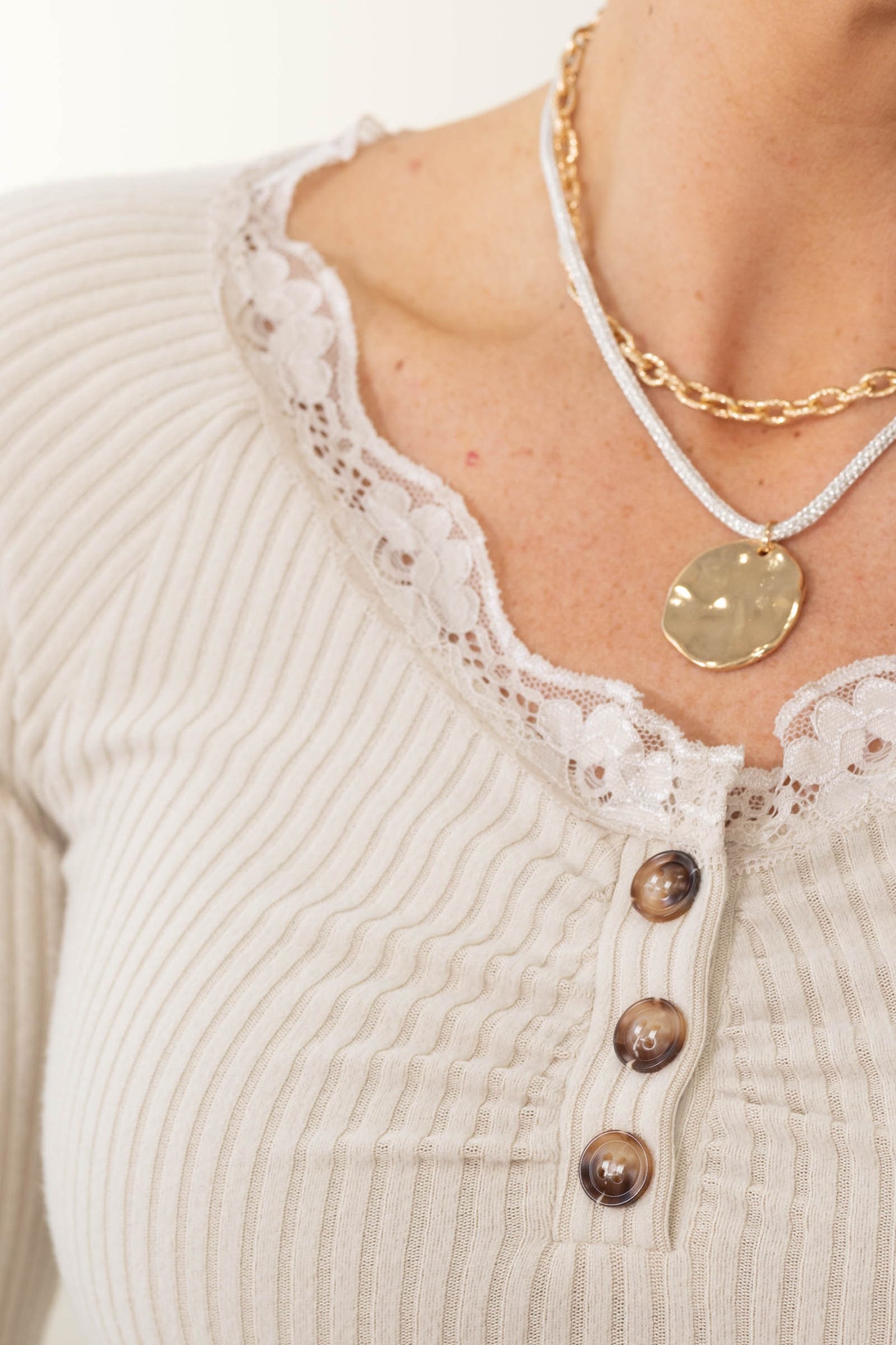 Lace Neckline With Lettuce Edge Ribbed Knit Top