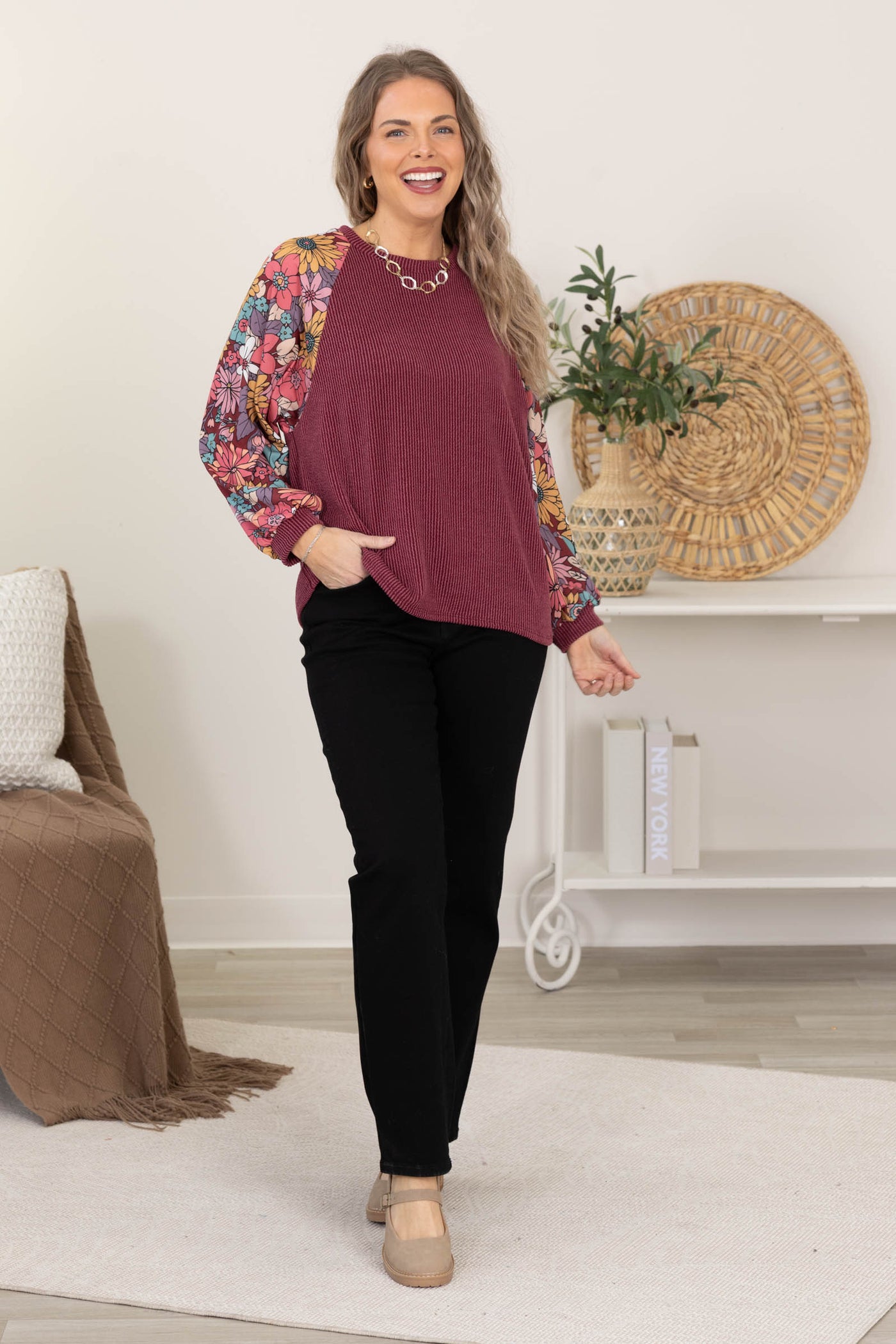 Ribbed Knit Tops With Floral Long Sleeves