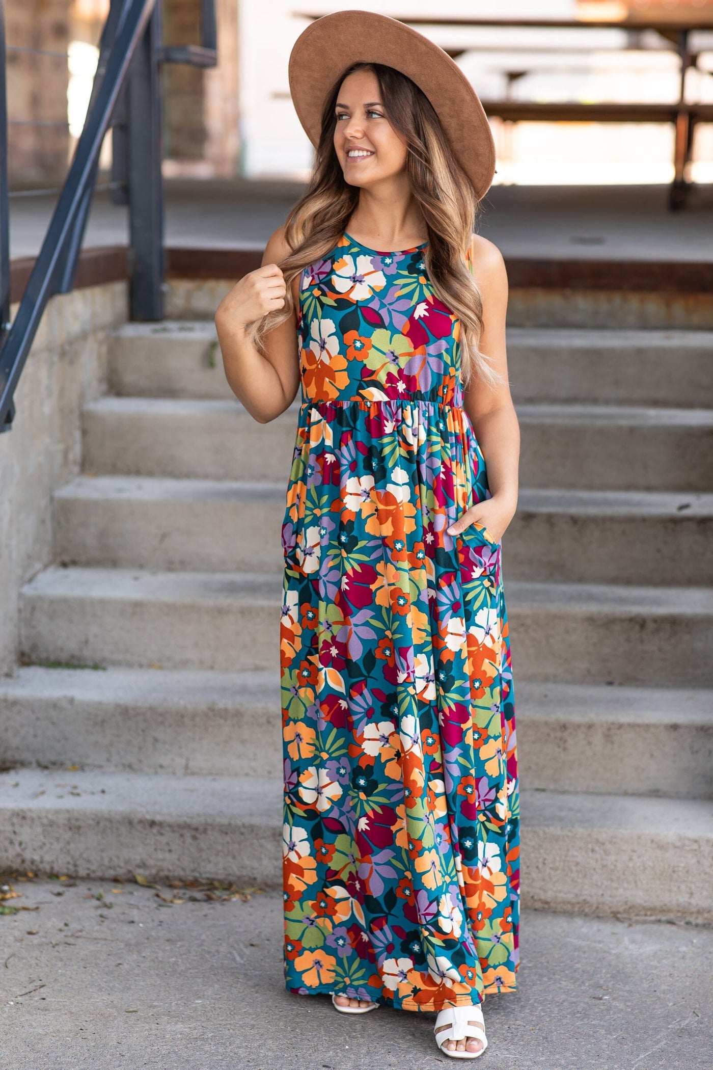 Teal and Orange Multicolor Floral Maxi Dress - Filly Flair