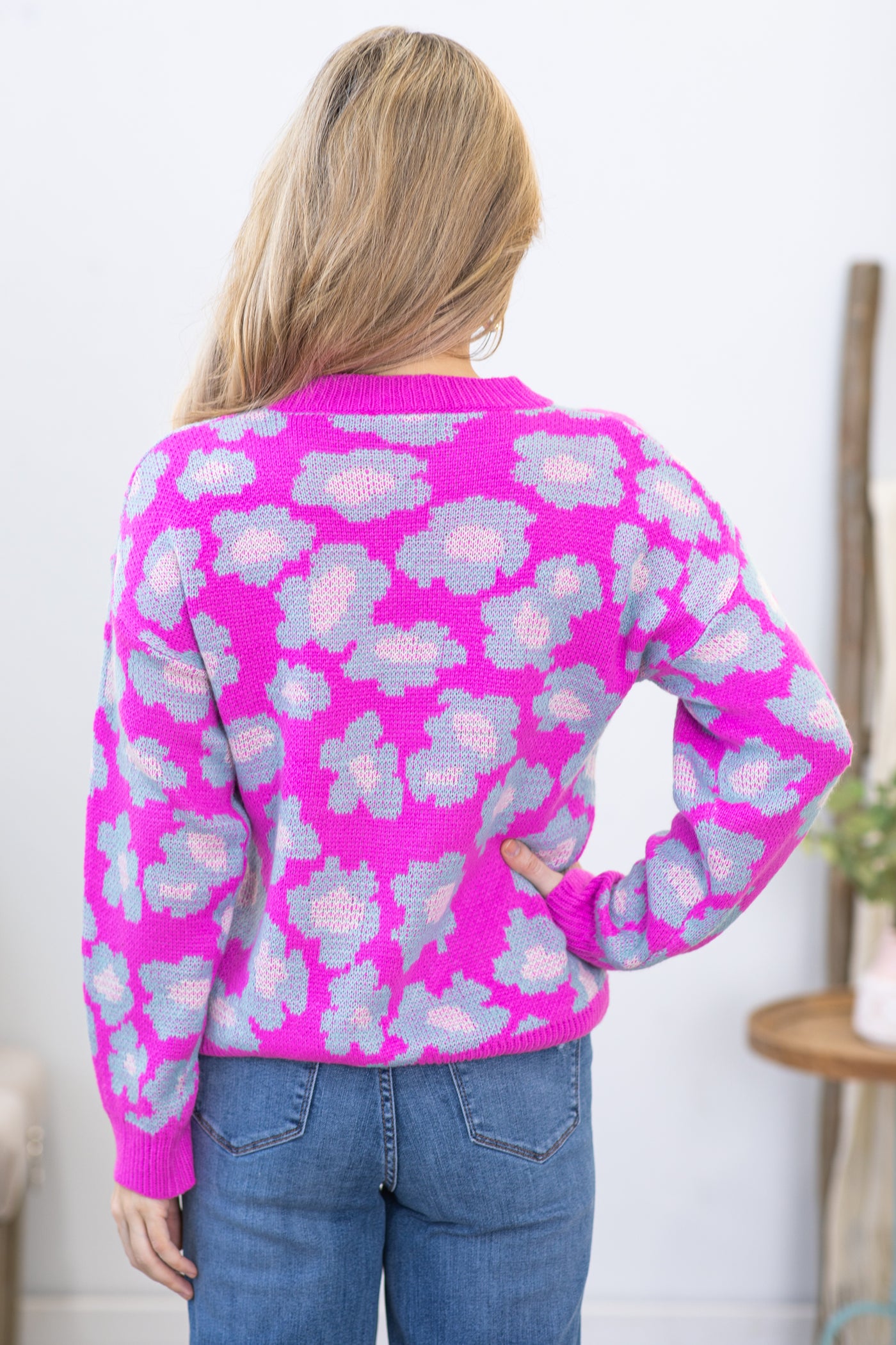 Orchid and Dusty Blue Intarsia Flowers Sweater