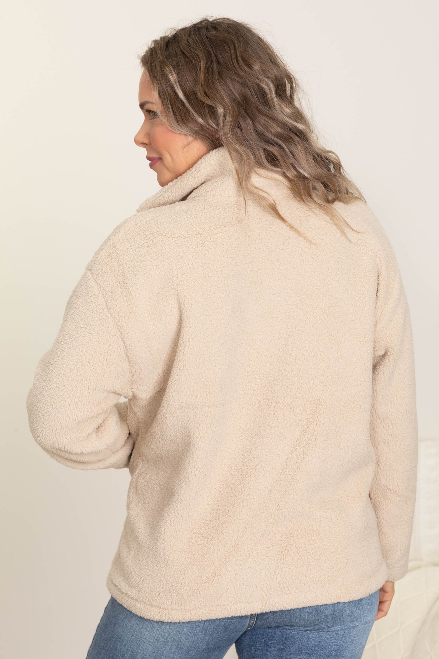 Beige Collared Half Zip Up Fleece Jacket