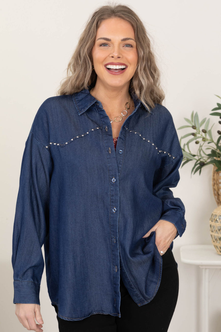 Denim Button Down Stud Detail Top