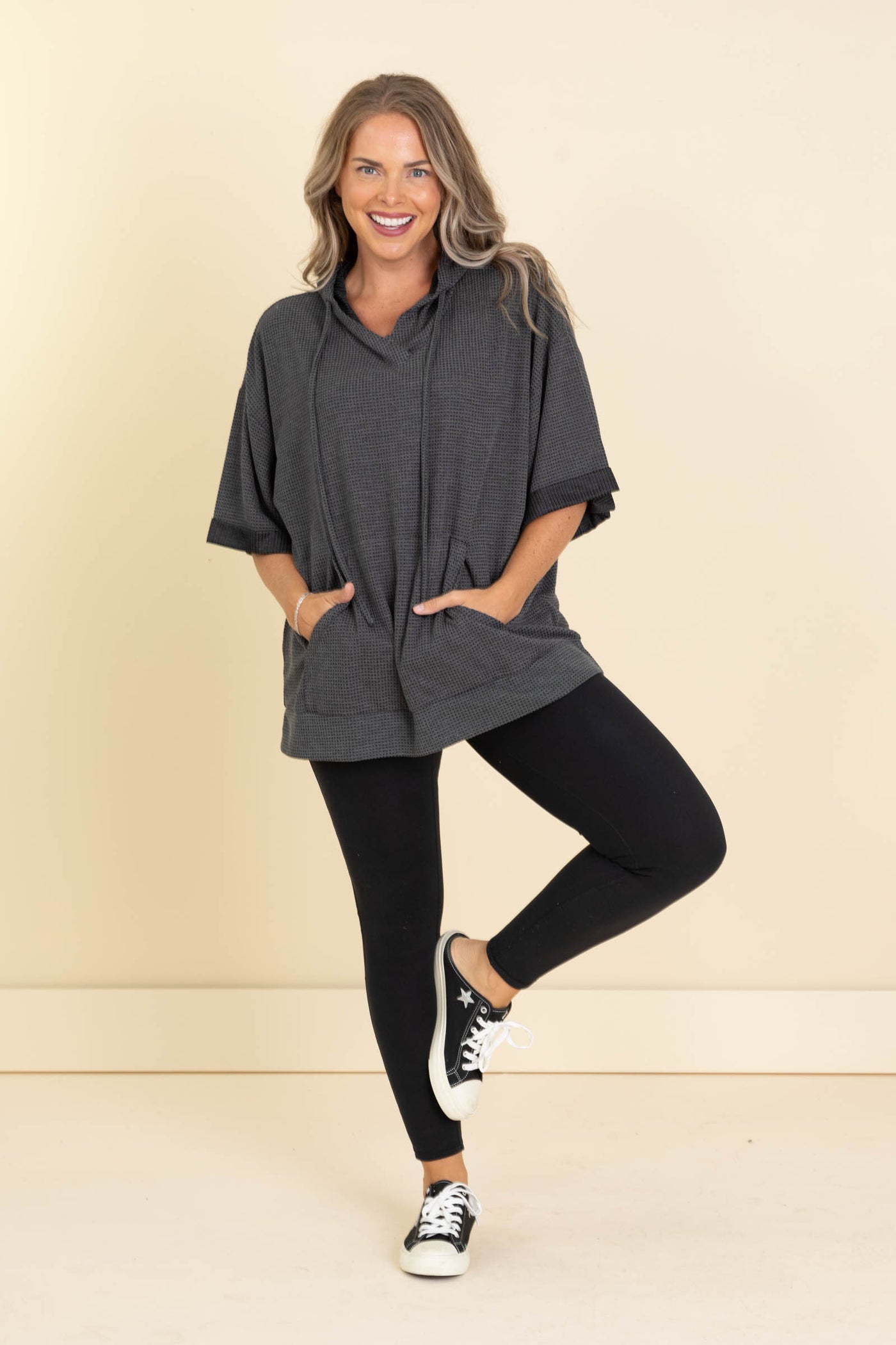 Oversized Waffle Knit Hoodie Tops