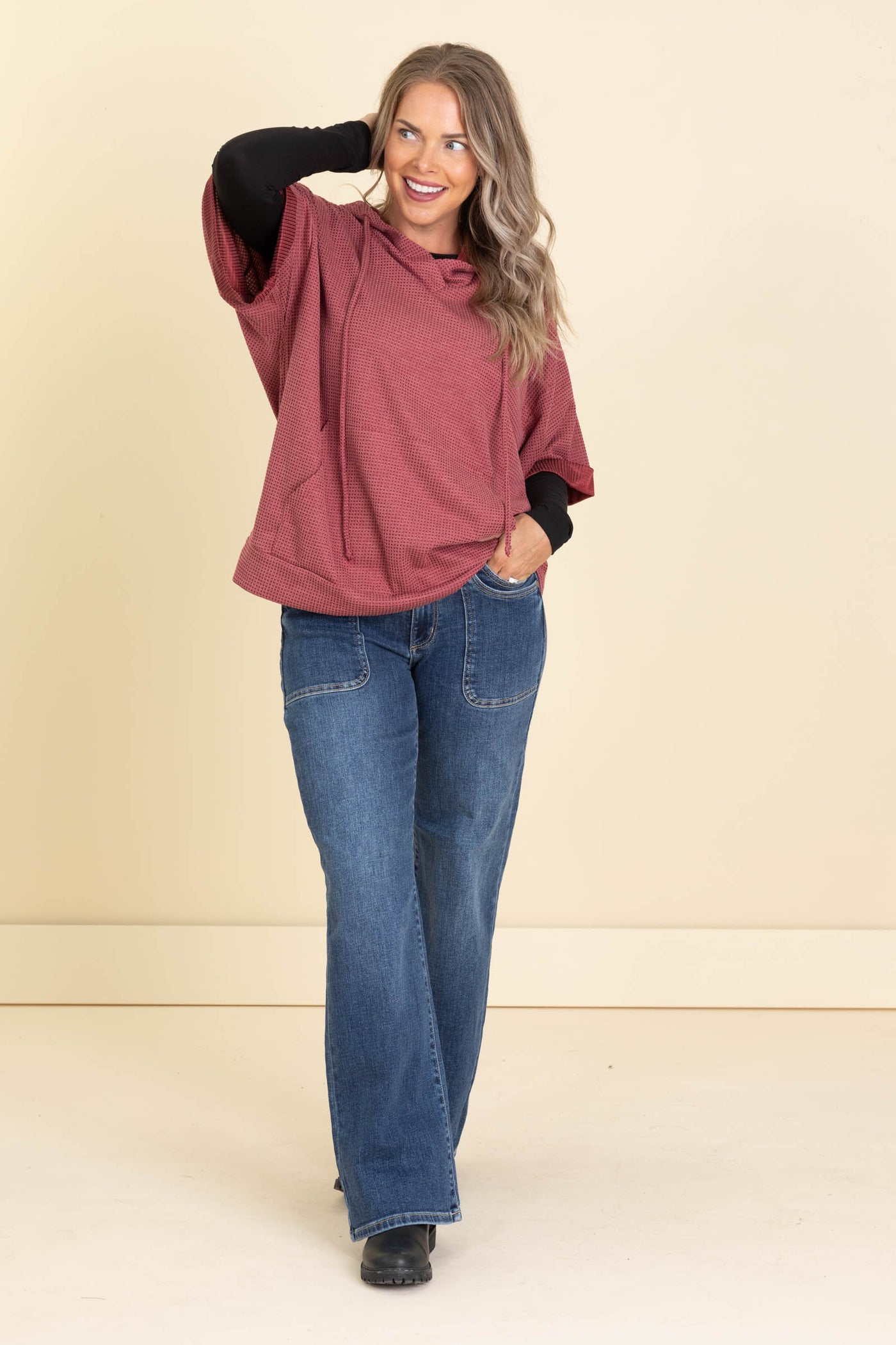 Oversized Waffle Knit Hoodie Tops