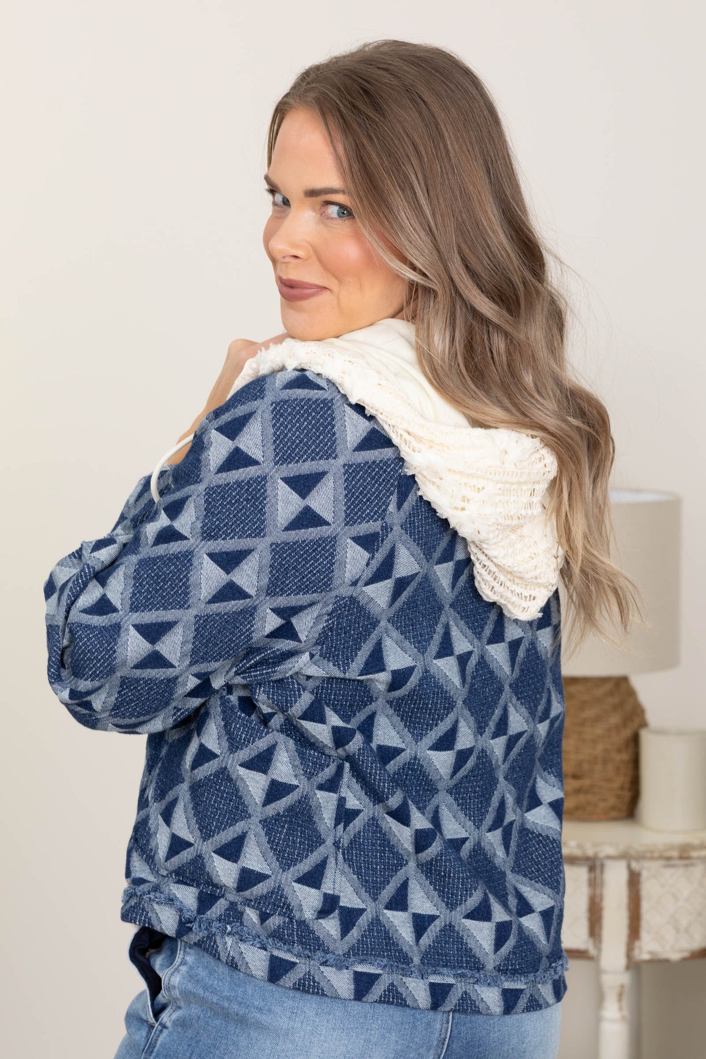 Blue Vintage Geometric Pattern Denim Jacket