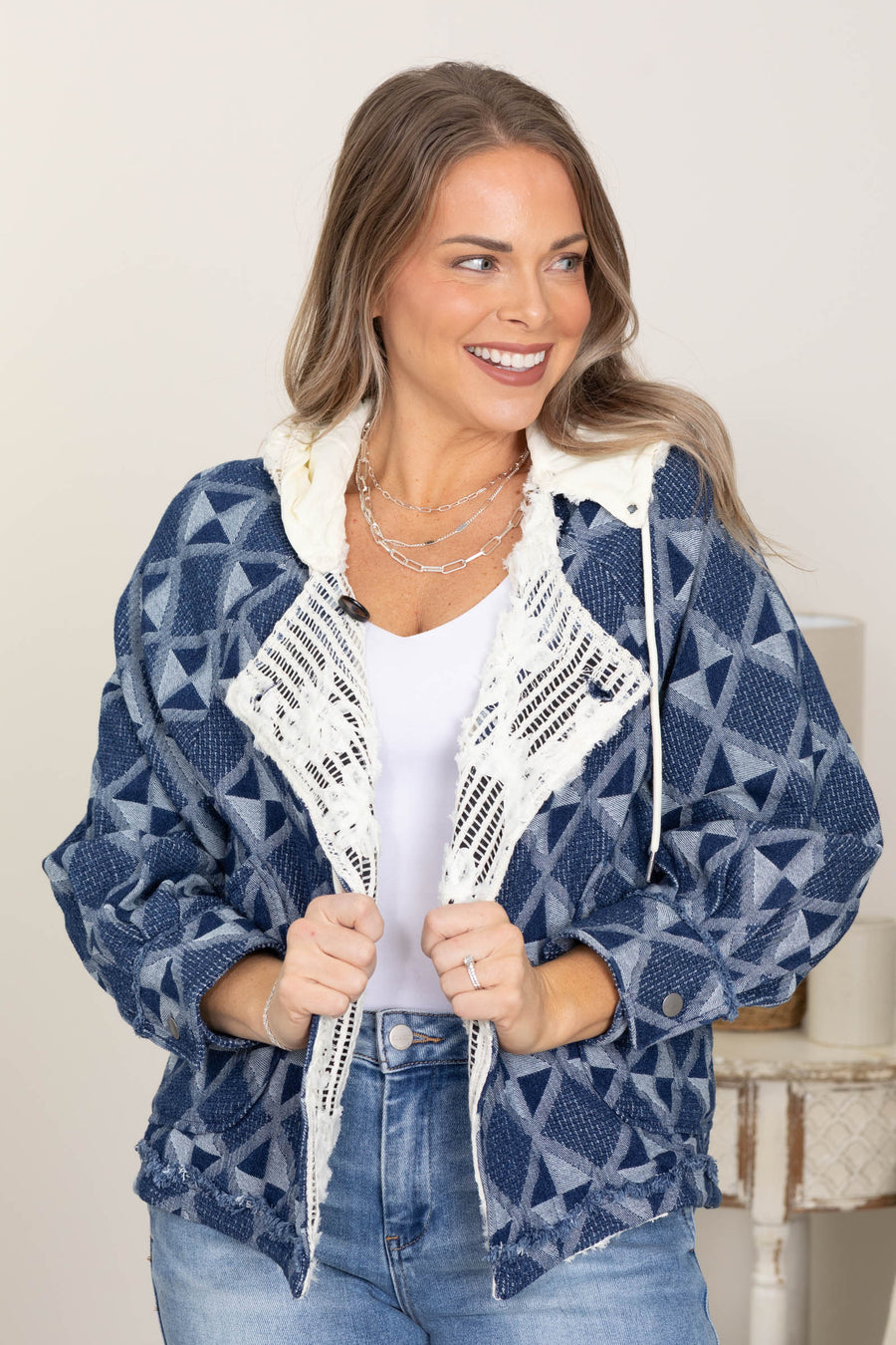 Blue Vintage Geometric Pattern Denim Jacket