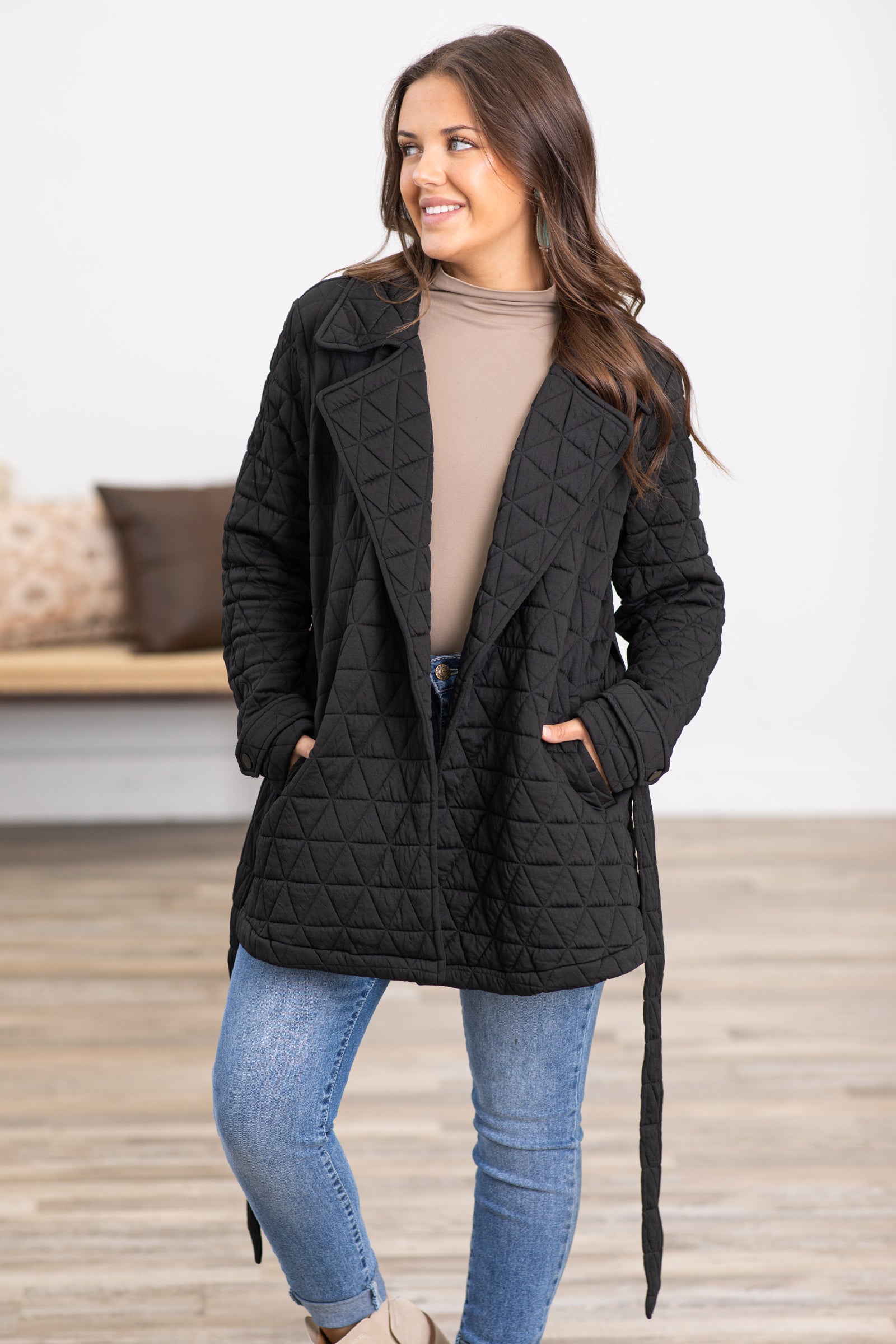 Black Diamond Quilted Jacket With Belt