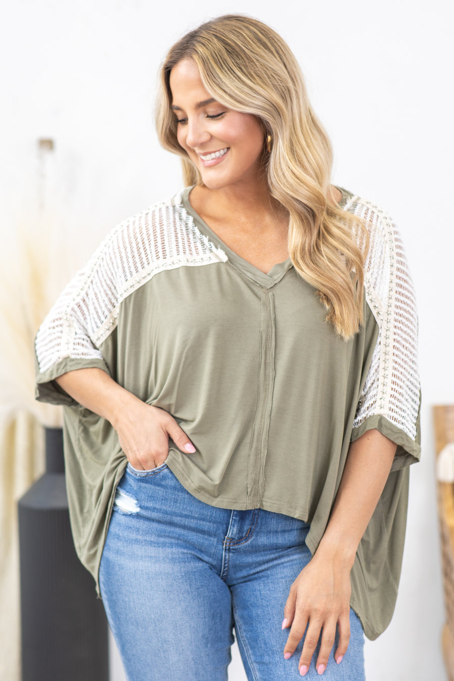 Olive Crochet Shoulder Top With Star Studs