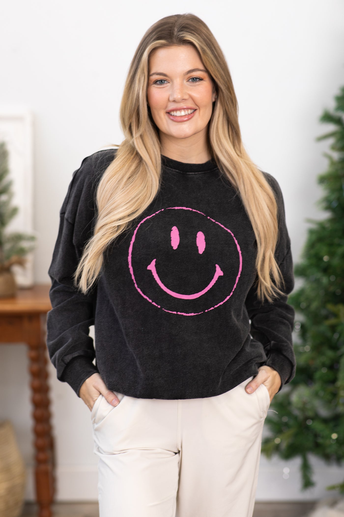 Black Washed Smiley Graphic Sweatshirt