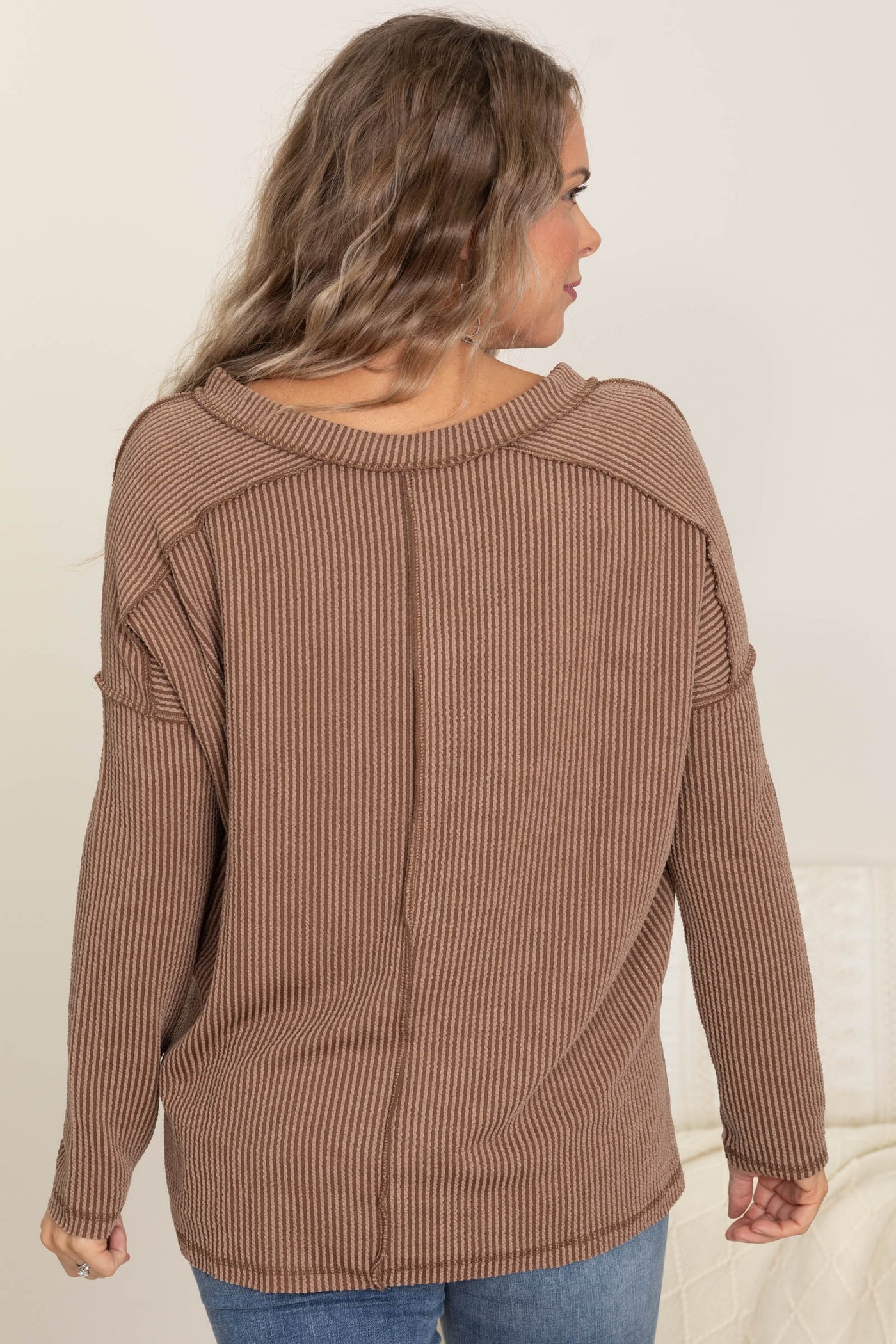 Corded Rib Long Sleeve V-Neck Top