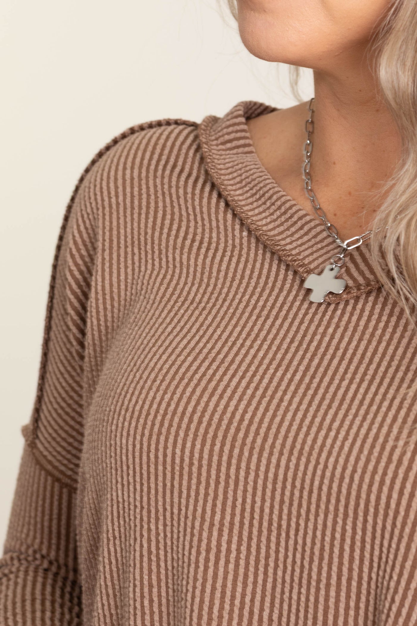Corded Rib Long Sleeve V-Neck Top
