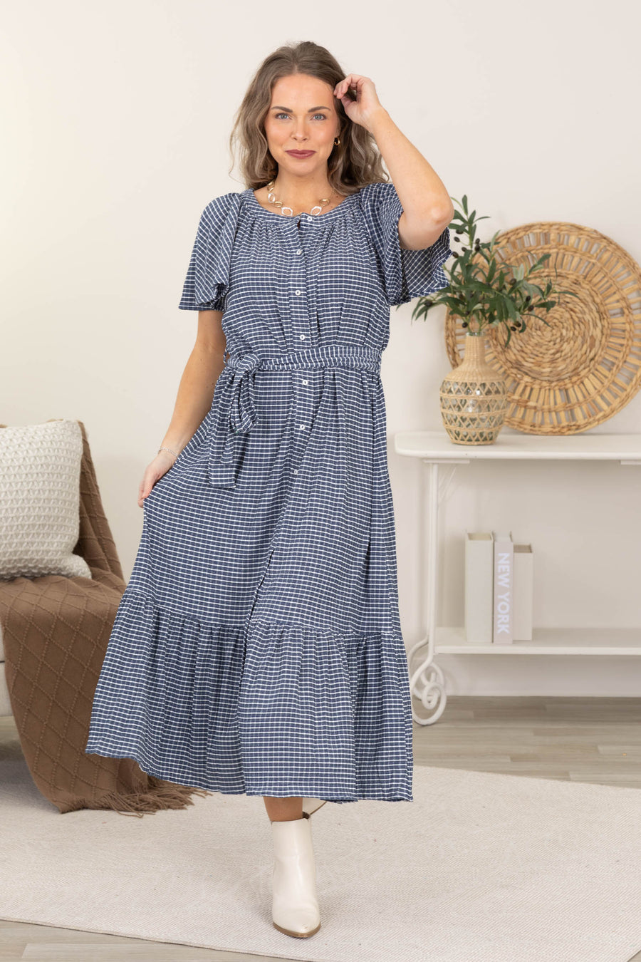 Navy Plaid Tiered Midi Dress With Short Sleeves