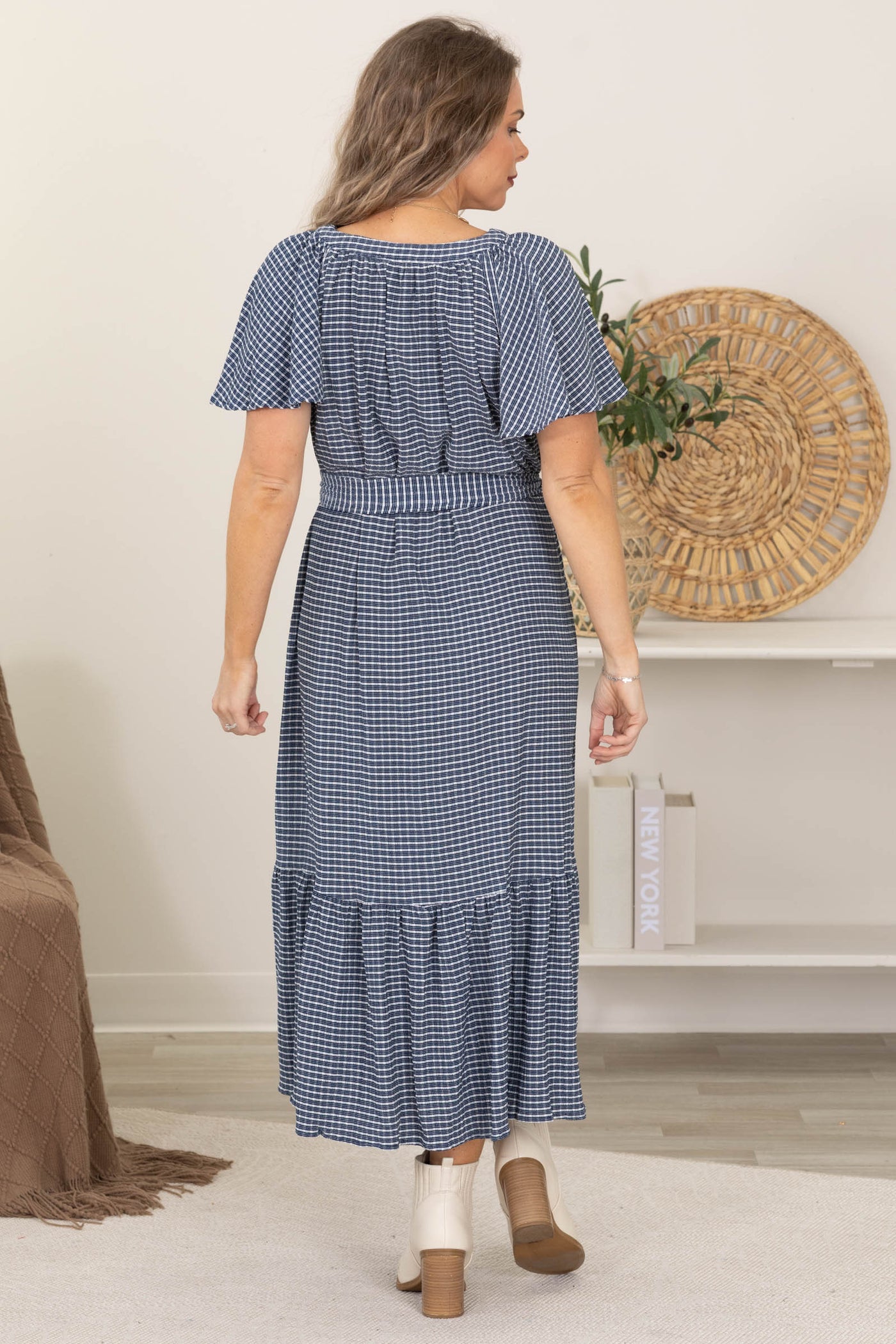 Navy Plaid Tiered Midi Dress With Short Sleeves