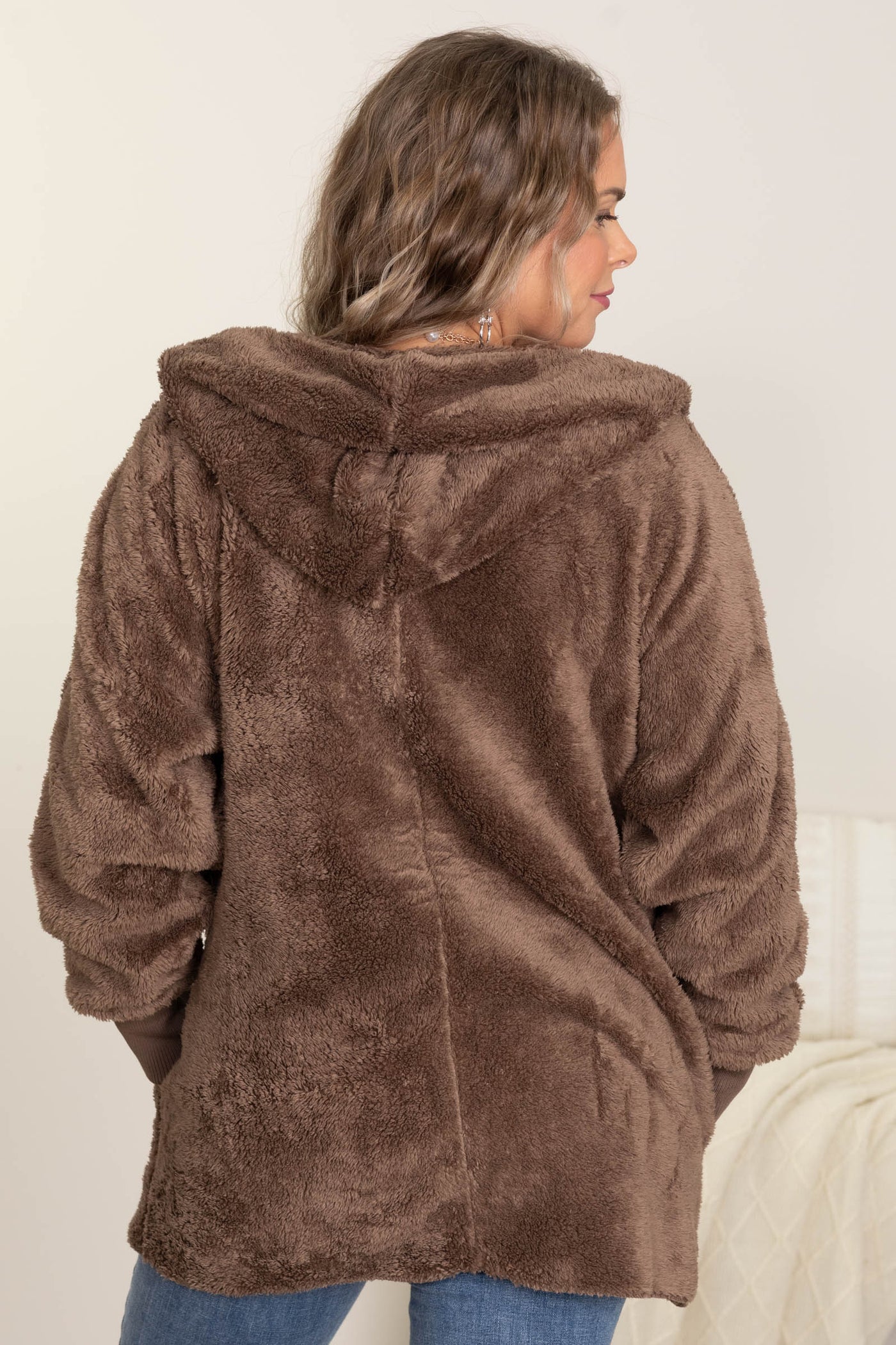 Mocha Hooded Faux Fur Jacket With Pockets