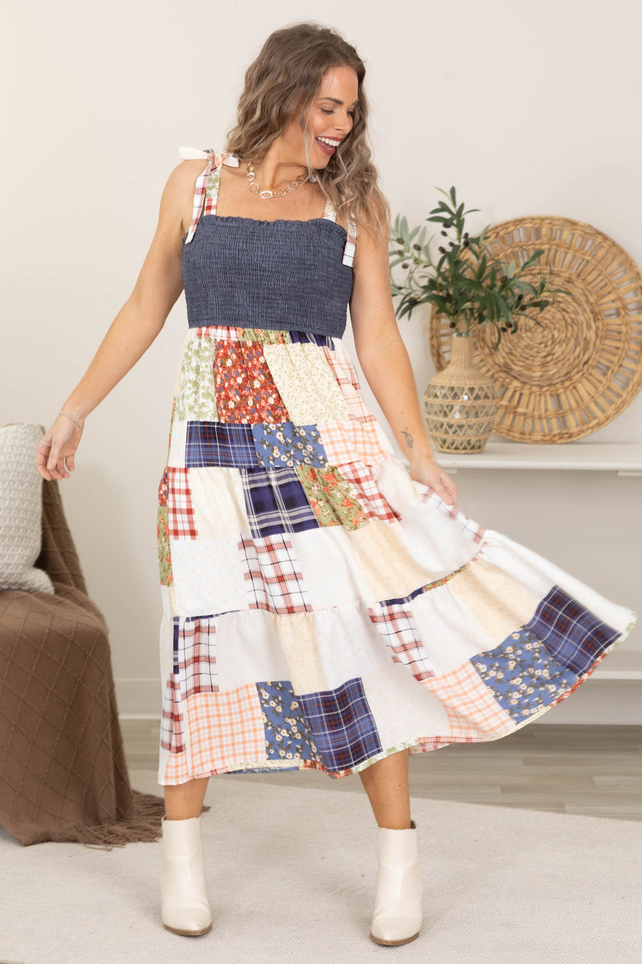 Denim Smocked Patchwork Detail Tiered Maxi Dress