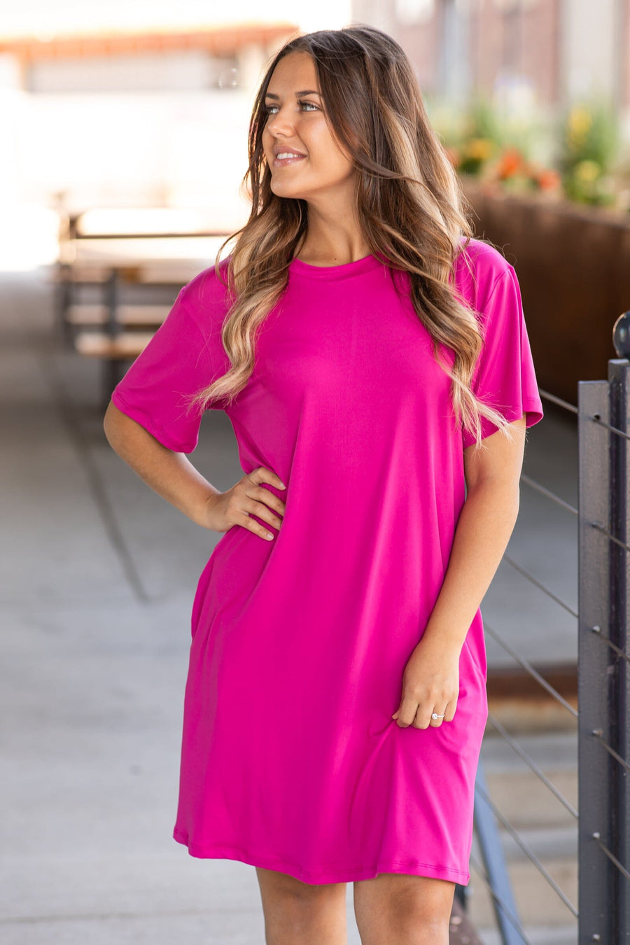 Fuchsia Knit T-Shirt Dress With Pockets - Filly Flair