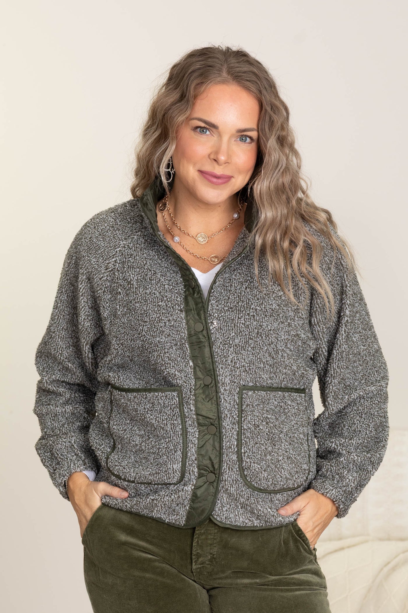 Olive Contrast Fleece Snap Button Jacket