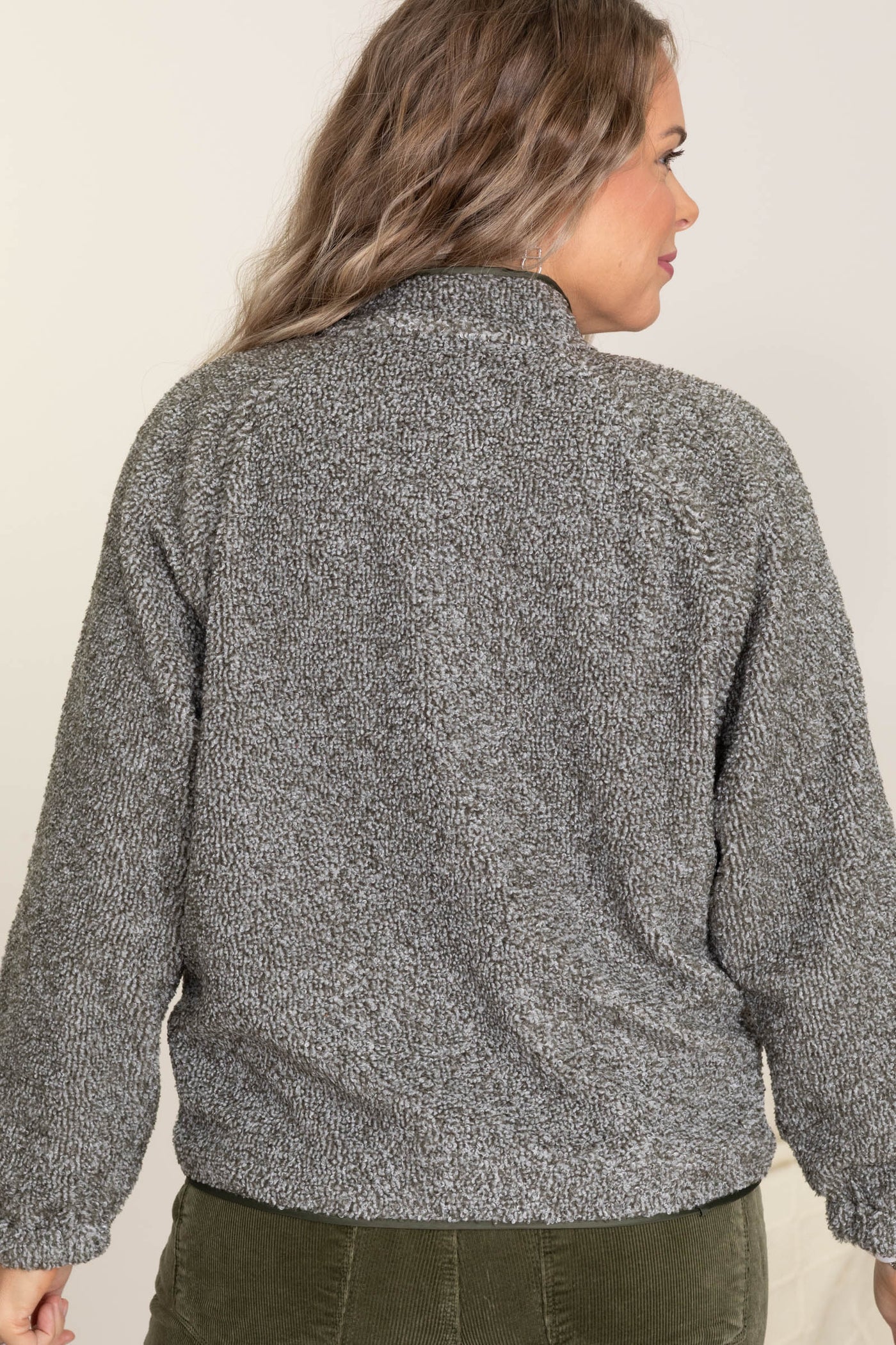 Olive Contrast Fleece Snap Button Jacket