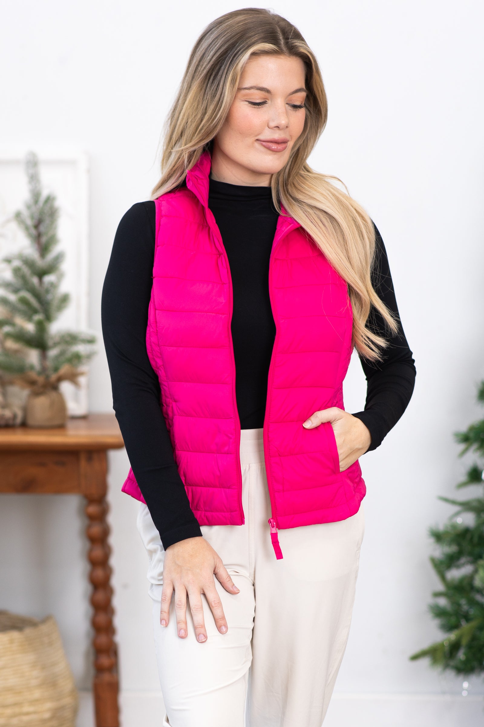 Hot Pink Puffer Vest With Pockets