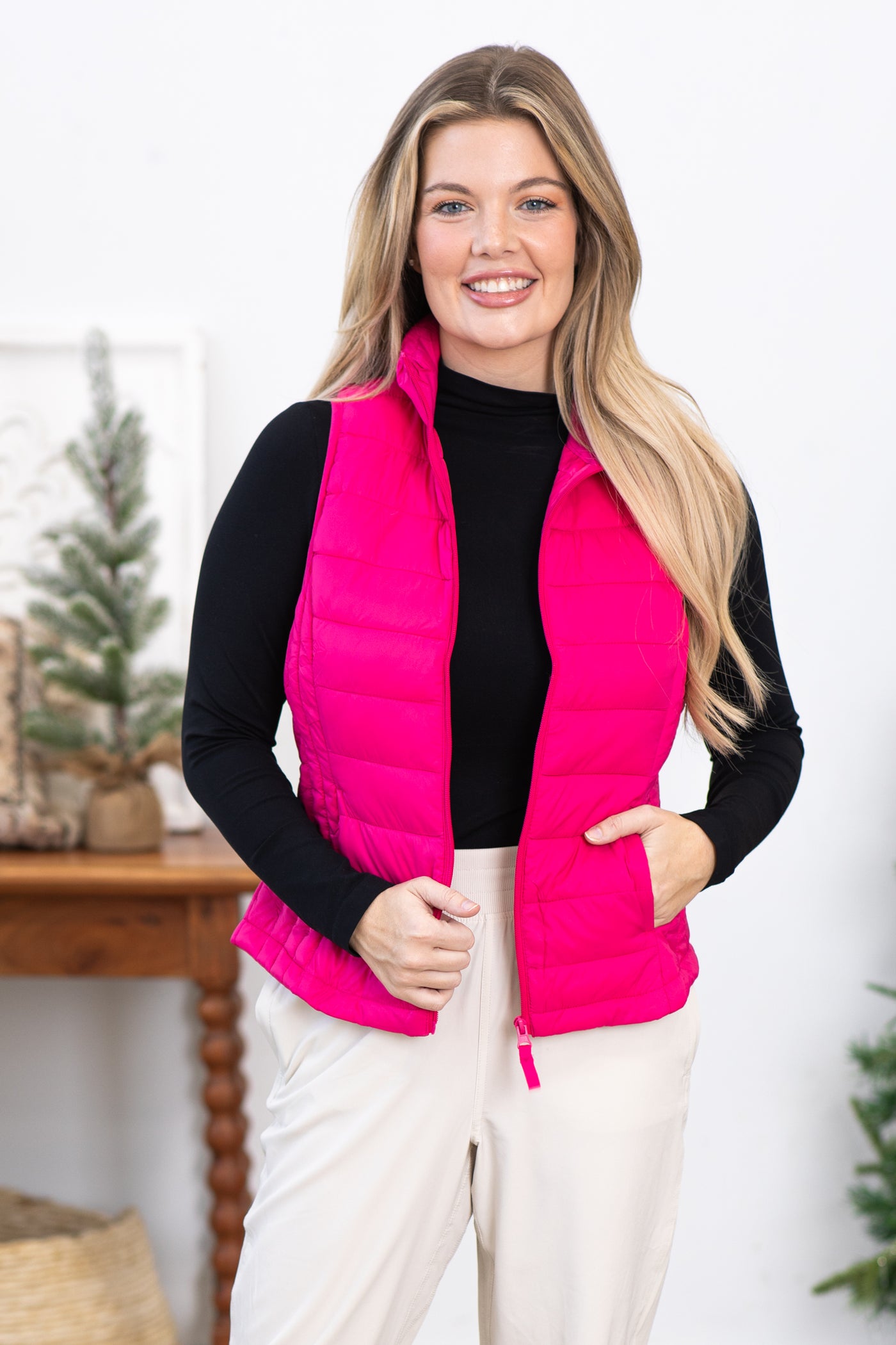 Hot Pink Puffer Vest With Pockets