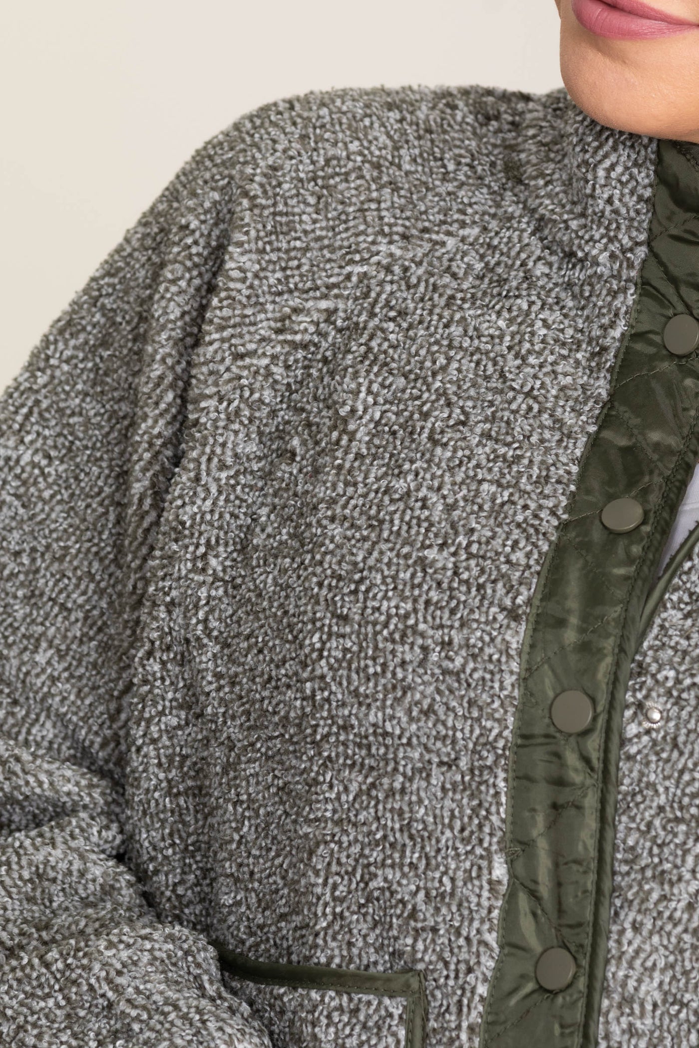 Olive Contrast Fleece Snap Button Jacket