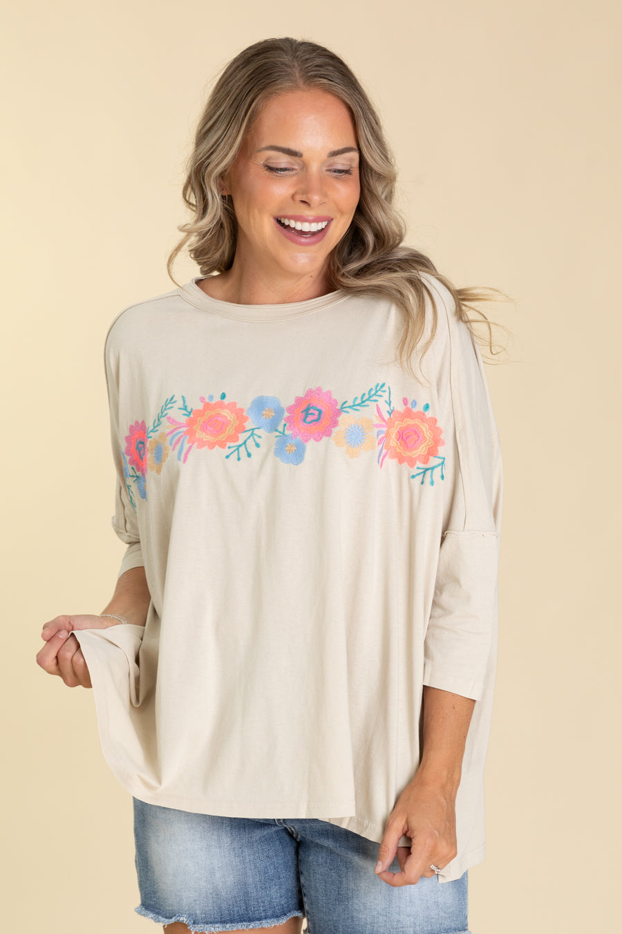 Beige Embo Detailing Cotton Knit Top