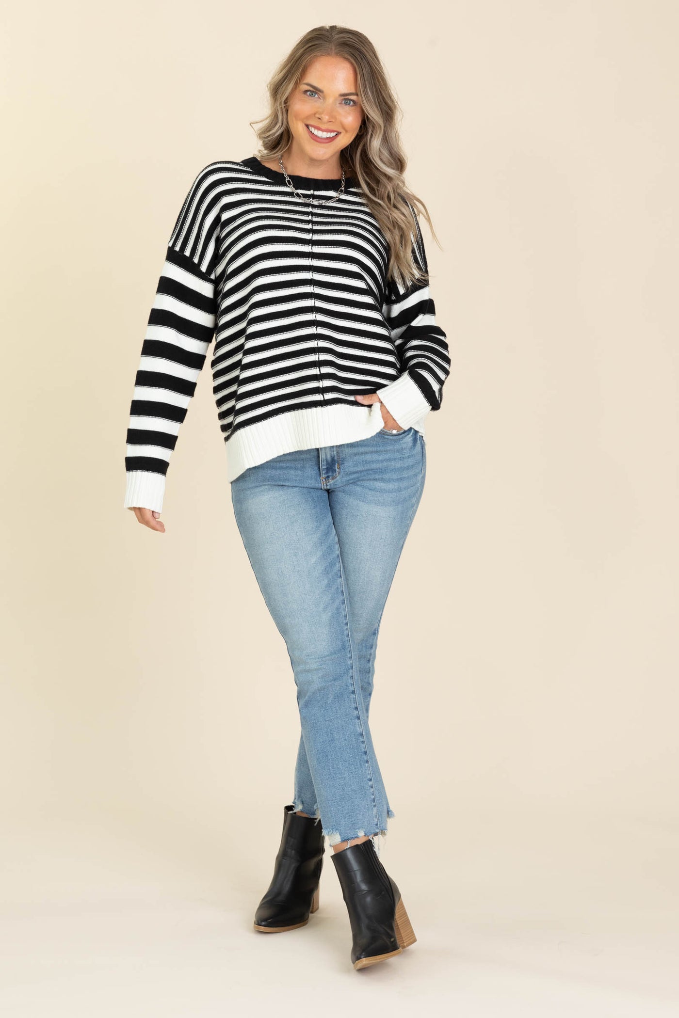 Stripe Knit Sweaters With Sleeve Contrast