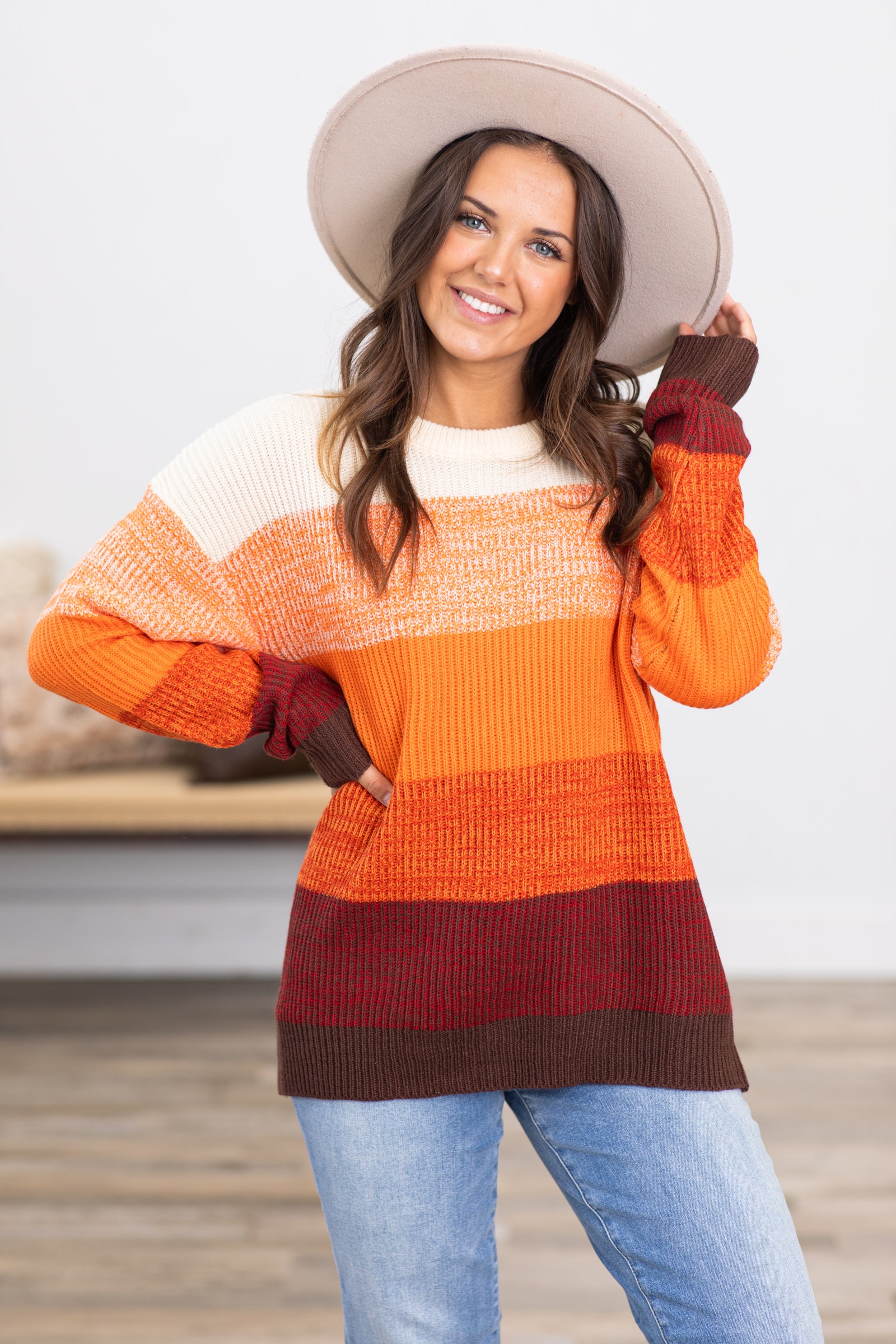 Orange Multicolor Colorblock Ombre Sweater
