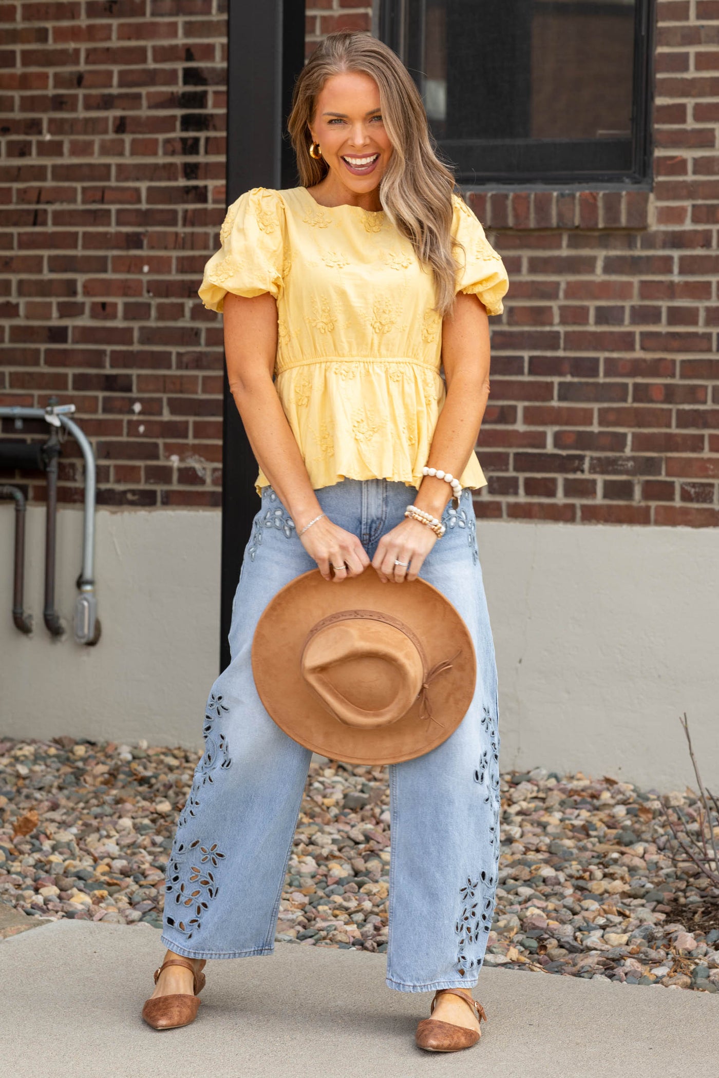 Butter Yellow Crochet Floral Peplum Top- 100% Cotton