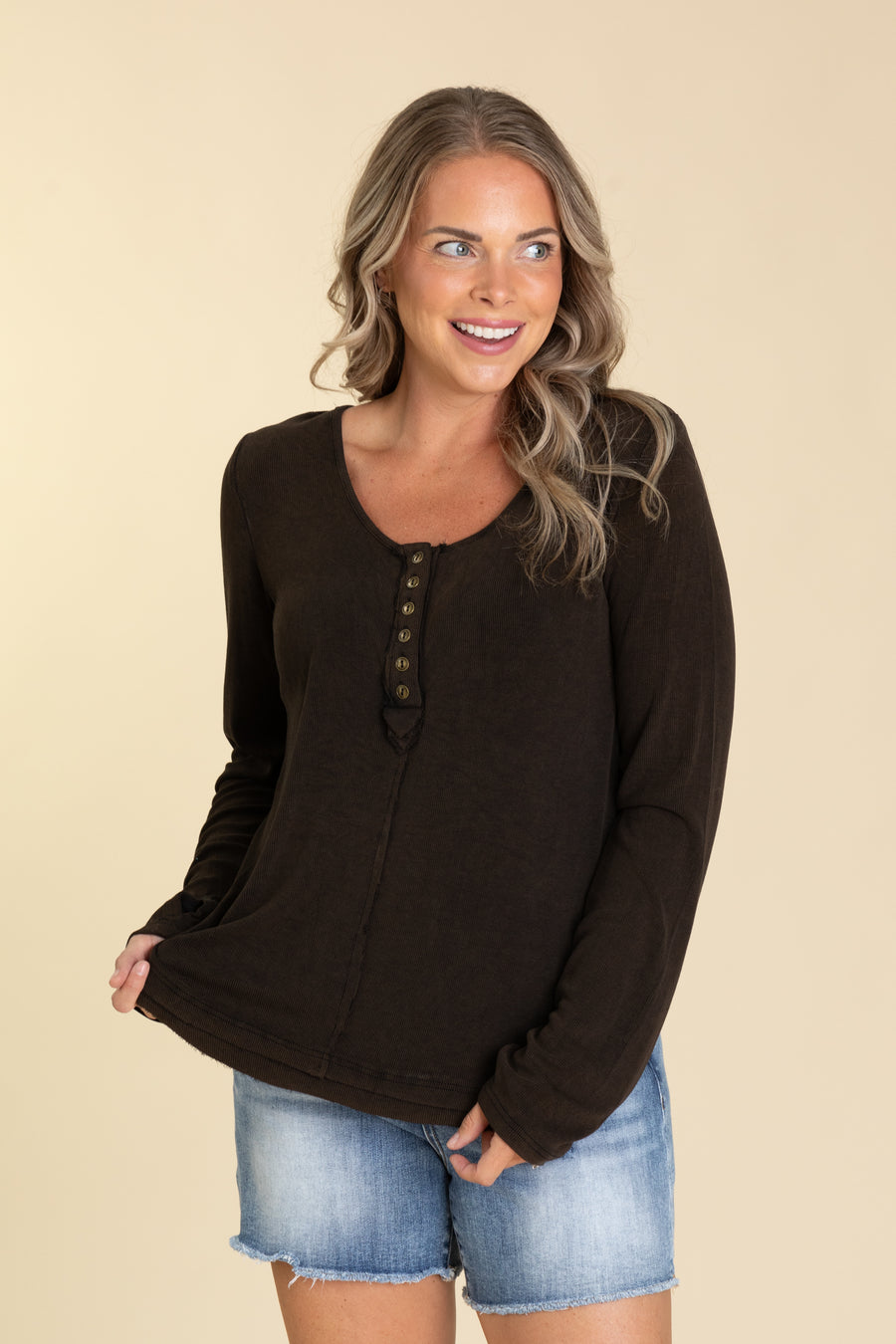 Henley Front Long Sleeve Scoop Neck Knit Top