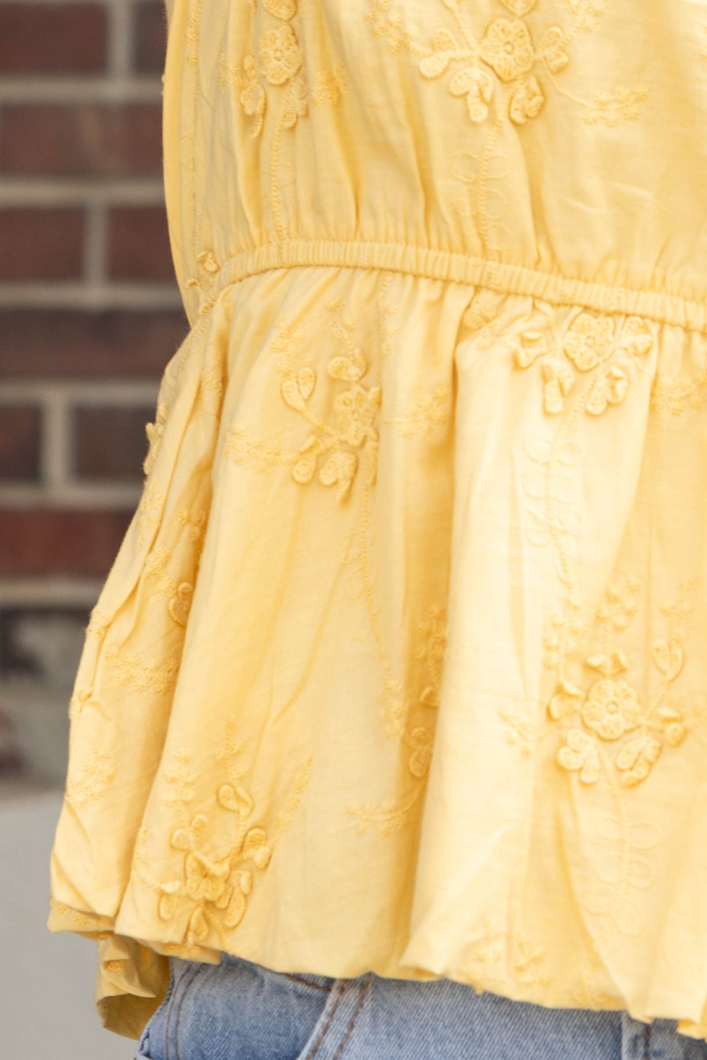 Butter Yellow Crochet Floral Peplum Top- 100% Cotton