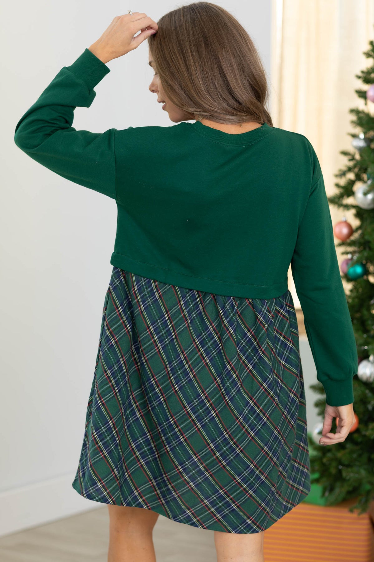 Staccato Drop Shoulder With Plaid Half Knit Dress