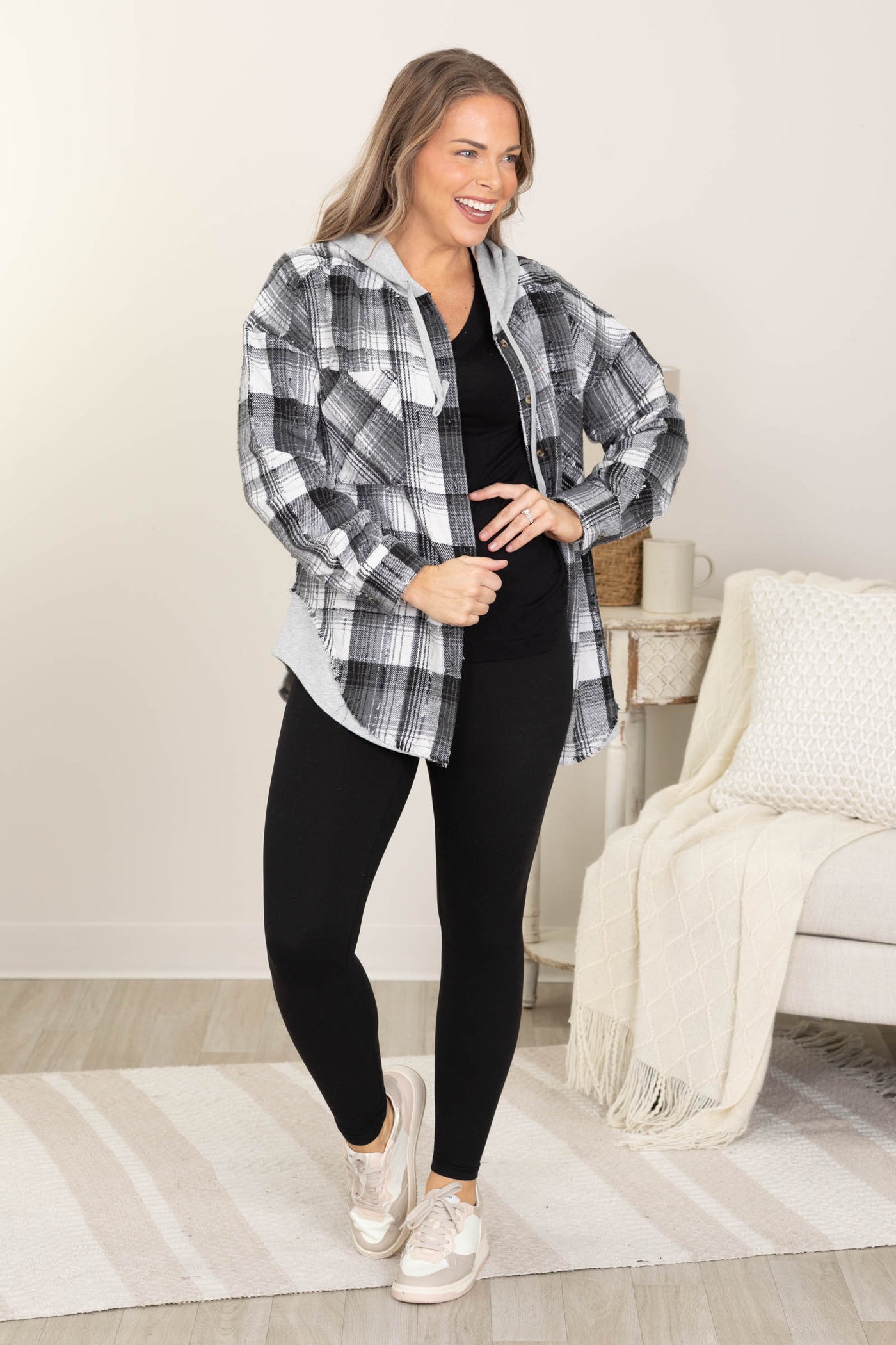 Oversized Flannel Hooded Button Down Jackets