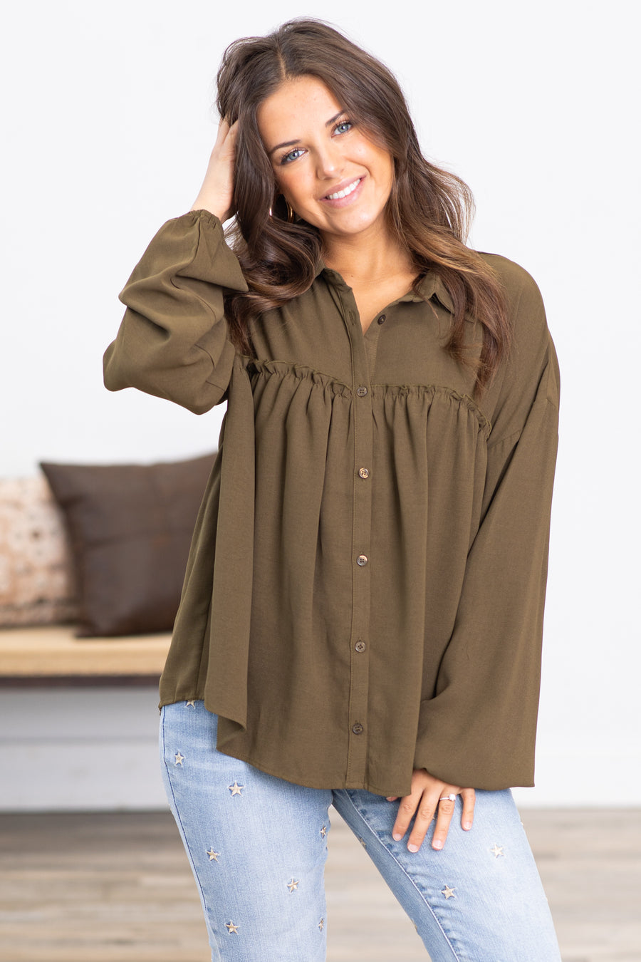 Army Green Button Up Babydoll Top