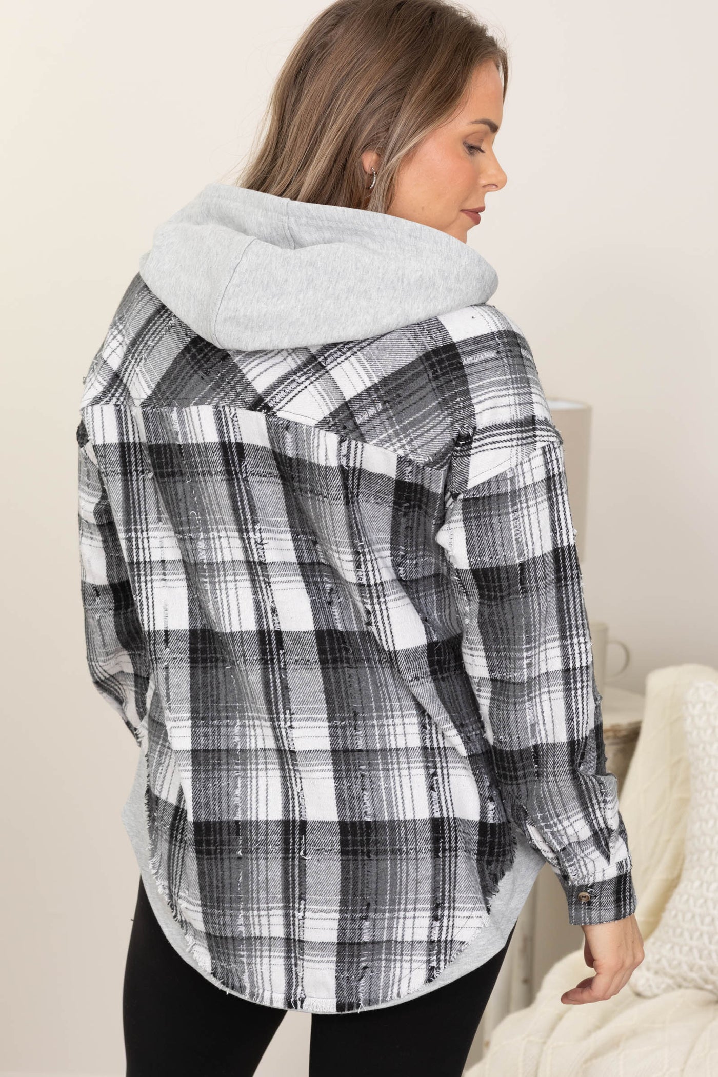 Oversized Flannel Hooded Button Down Jackets