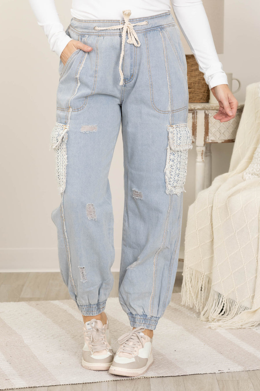 Drawstring Woven Joggers With Crochet Detail