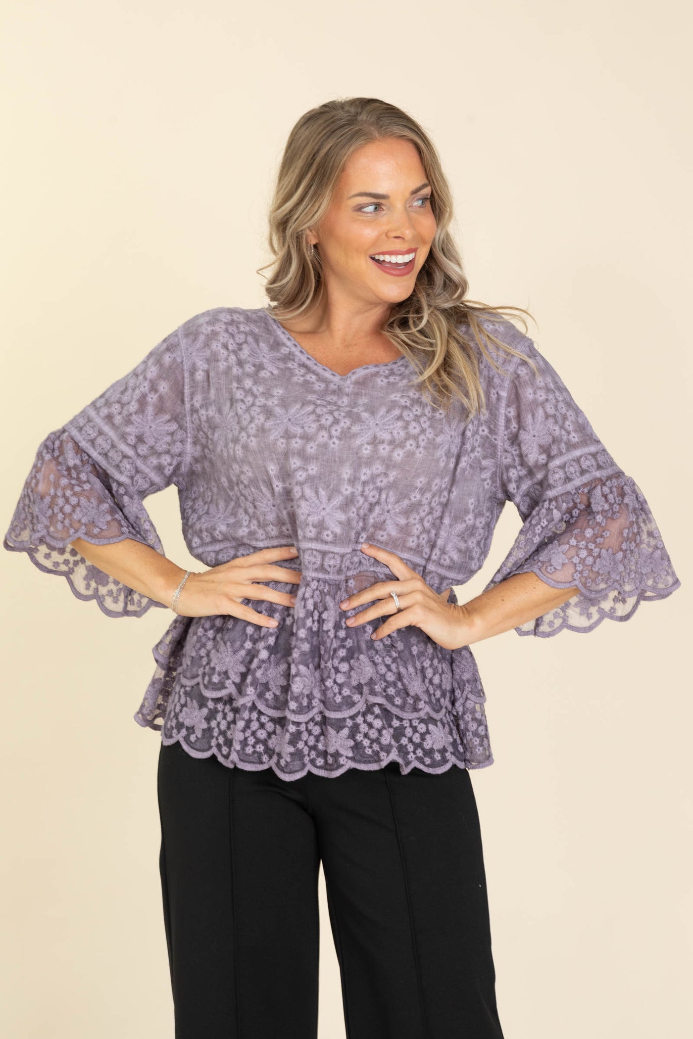 Lavender Lace Bell Sleeve Knit Top · Filly Flair1