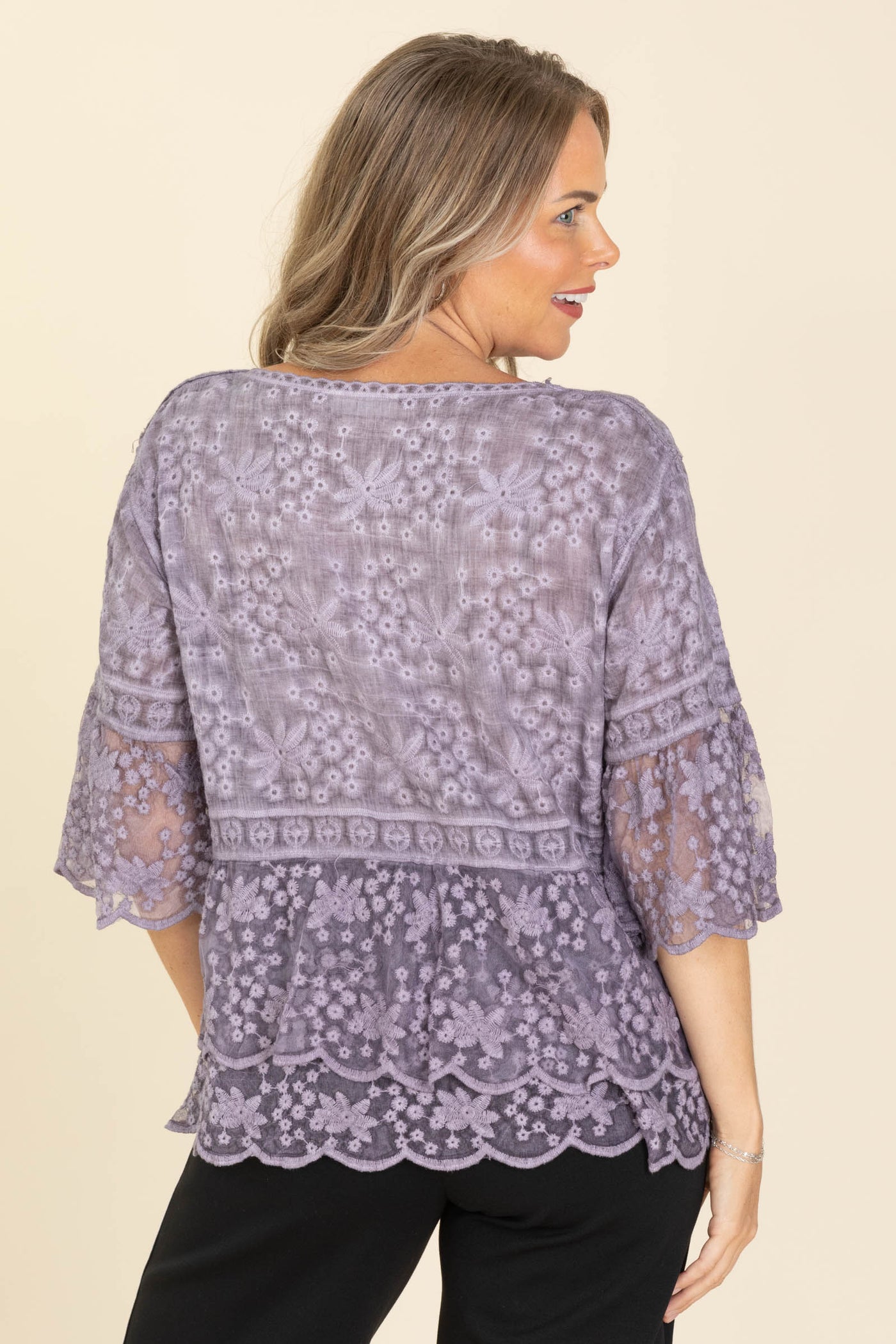 Lavender Lace Bell Sleeve Knit Top