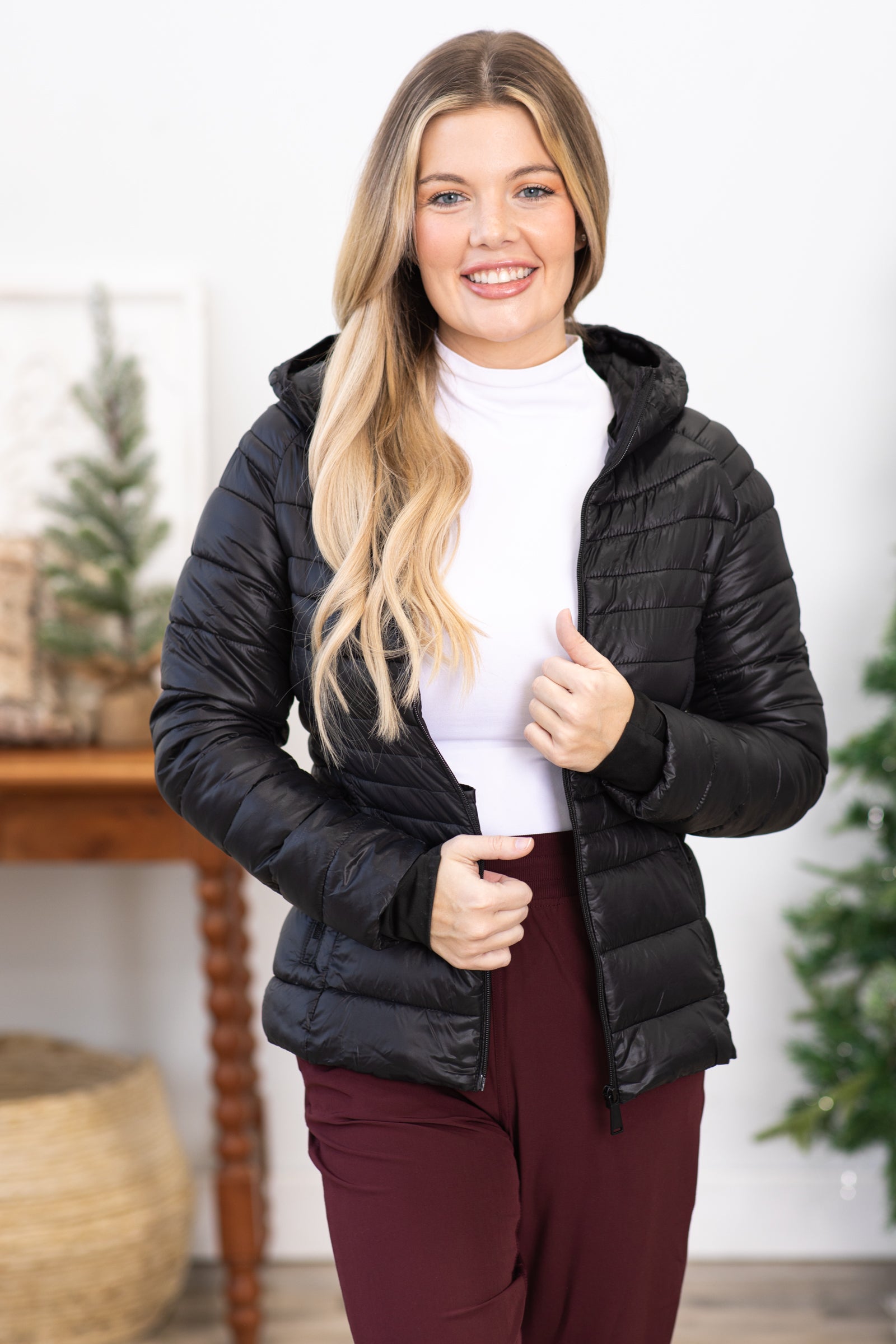 Black Hooded Puffer Jacket With Thumbholes
