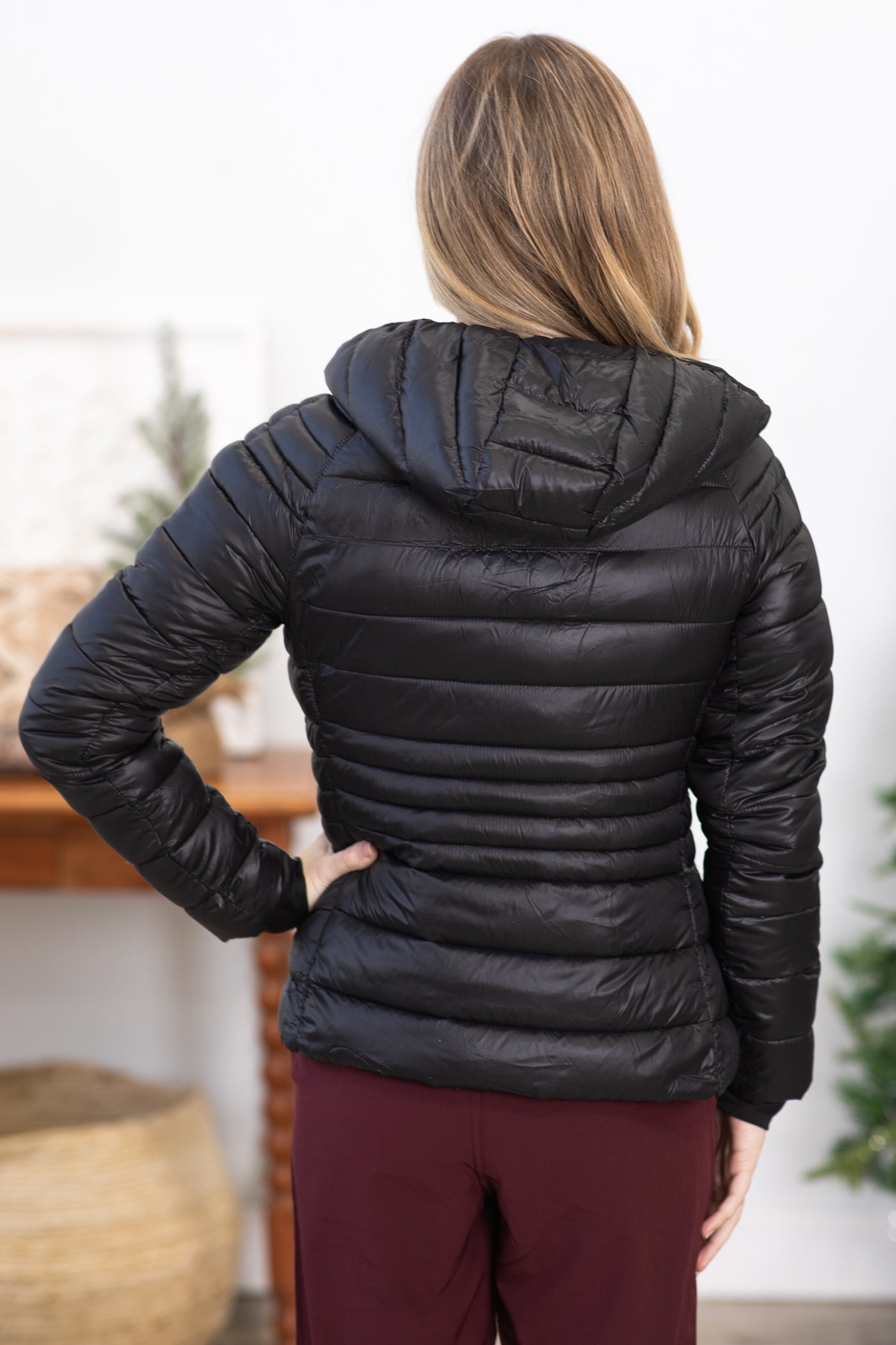 Black Hooded Puffer Jacket With Thumbholes