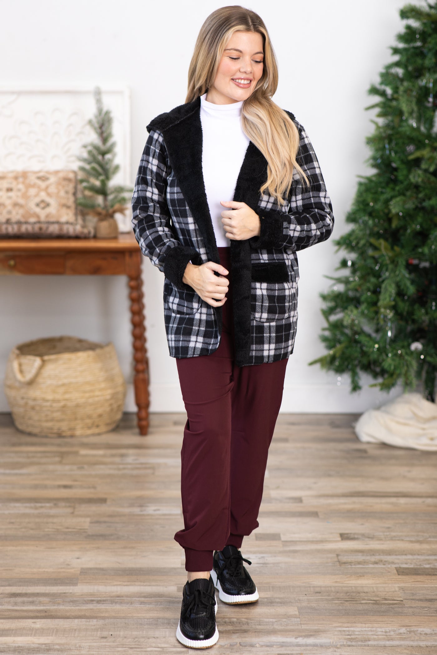 Black and Grey Plaid Faux Fur Lined Jacket